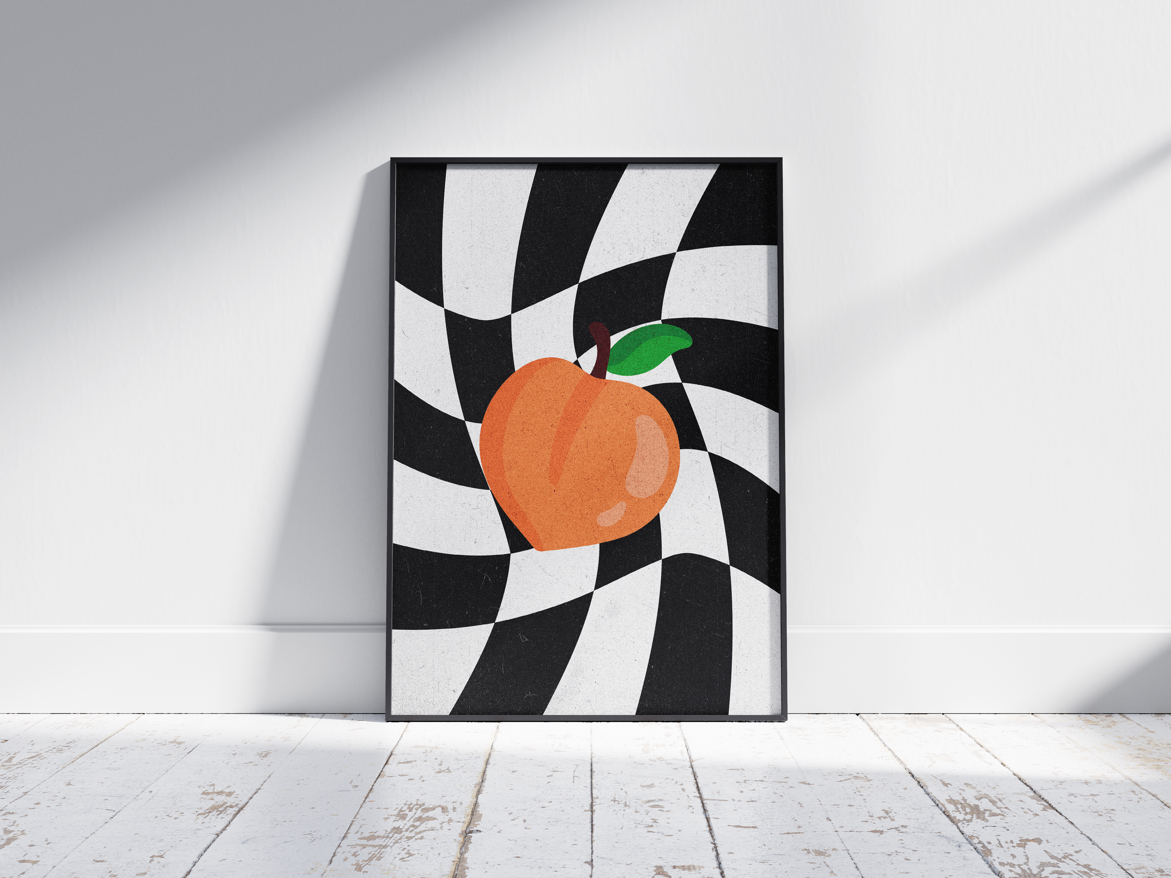 Collection of three Abstract Checkered Peach posters featuring vibrant fruit illustrations and modern checkerboard patterns for unique wall art.