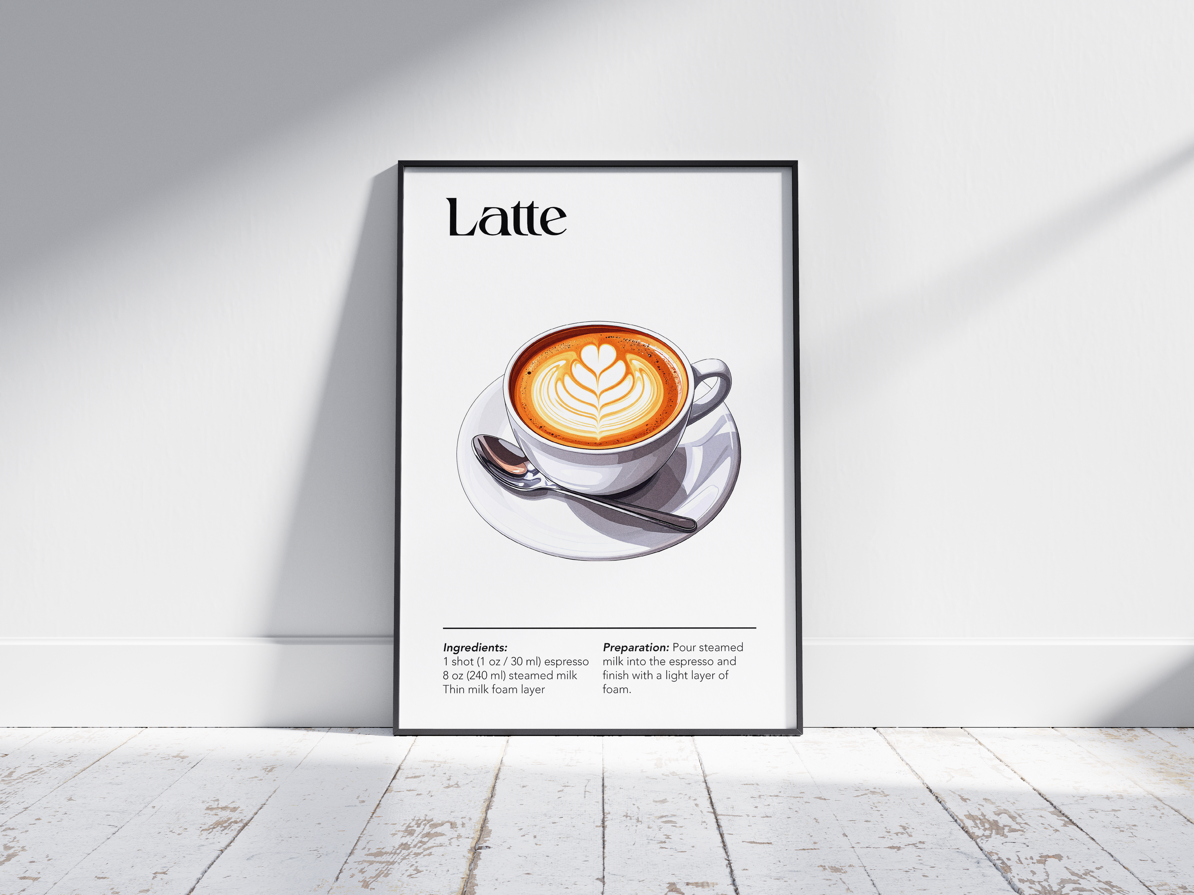 A creamy latte served in a white ceramic mug on a saucer with a small spoon, captured in soft natural light.