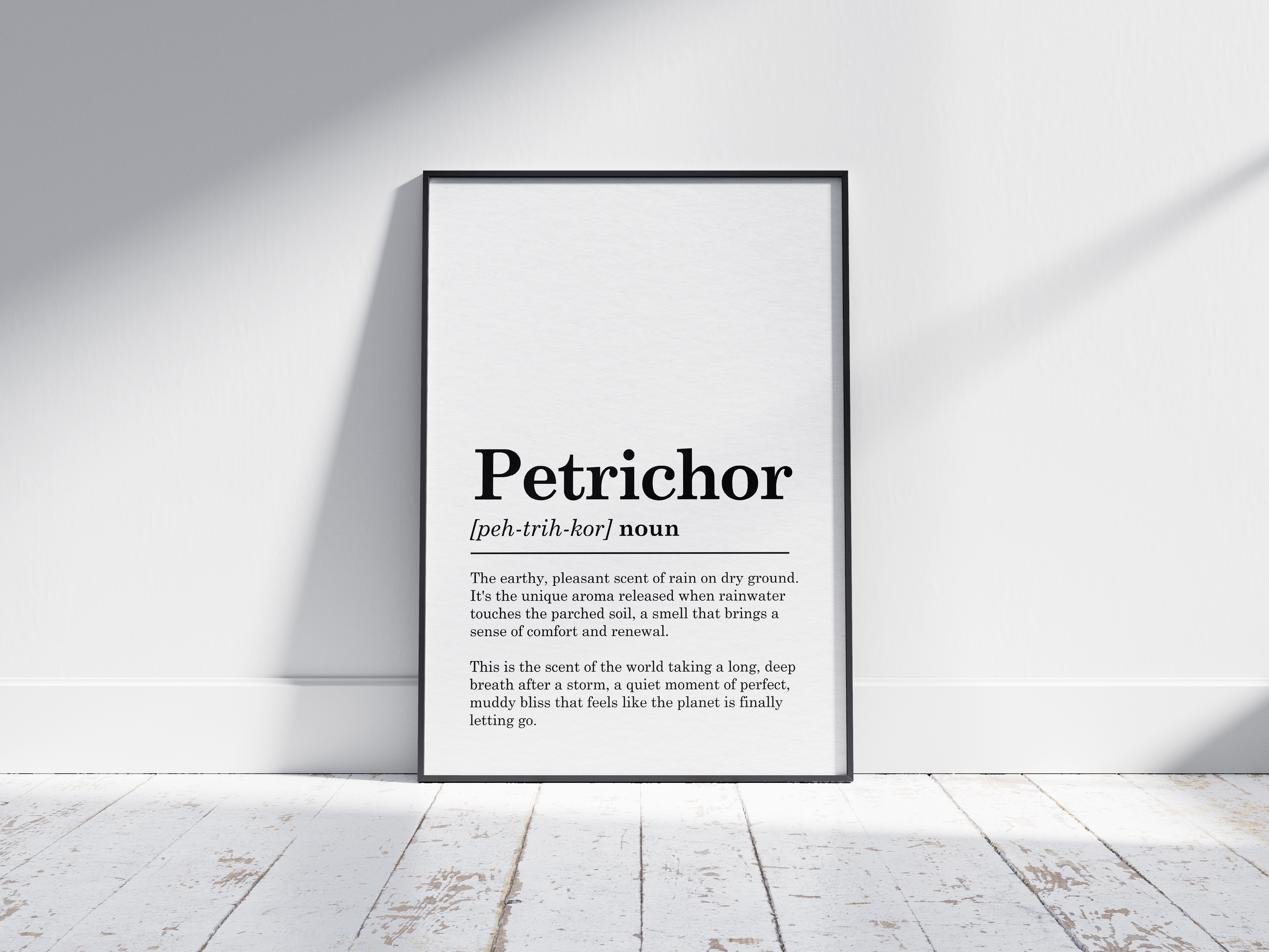 Minimalist Petrichor definition poster featuring elegant black text on a crisp white background.
