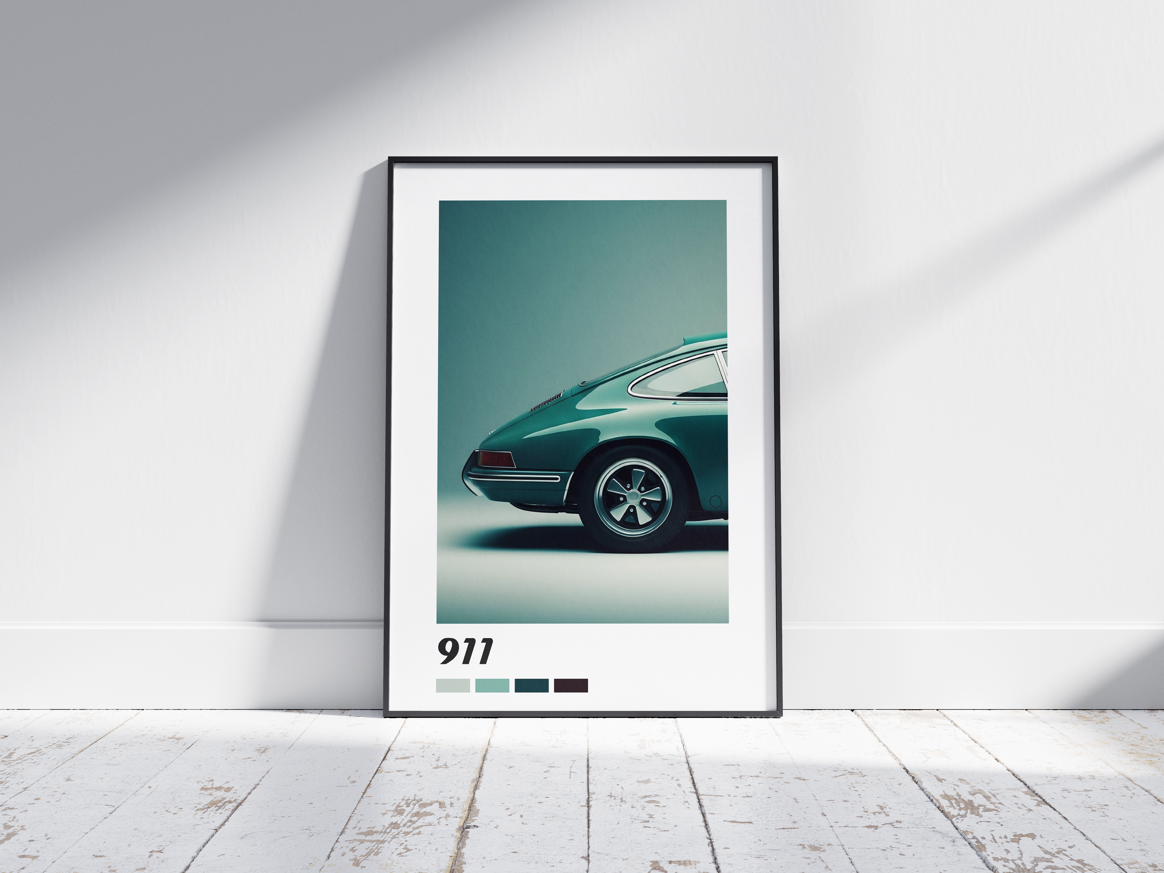 Stylish framed poster of a vintage Porsche 911 in a unique teal-green, minimalist against a light wall. Perfect for car enthusiasts and modern interiors.