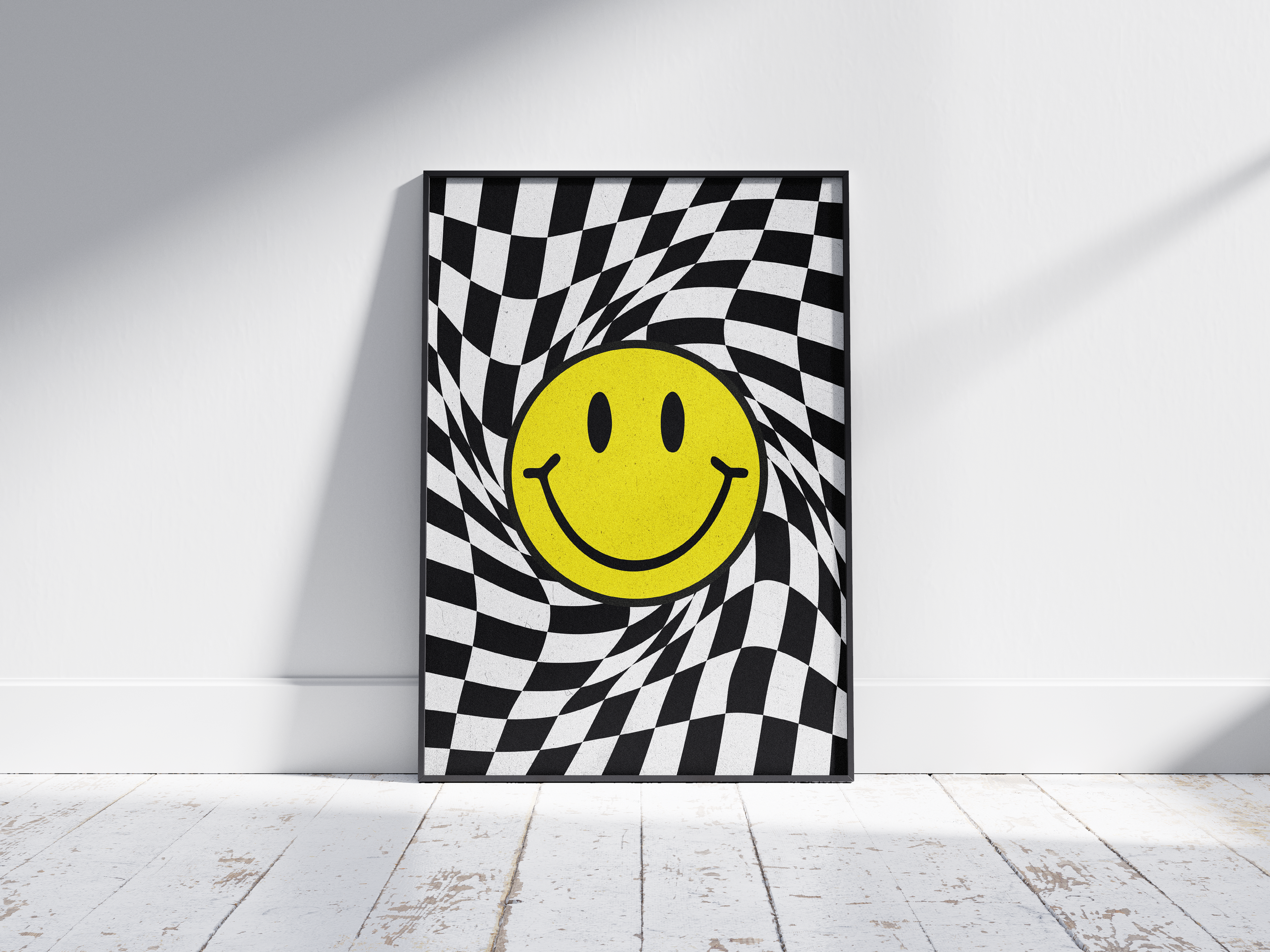 Uplifting art poster: "Joy begins with a smile" quote in bold black, centered among a cheerful grid of yellow and outlined smiley faces. Ideal for modern decor, spreading happiness & positivity in any living space. Printed on quality paper.