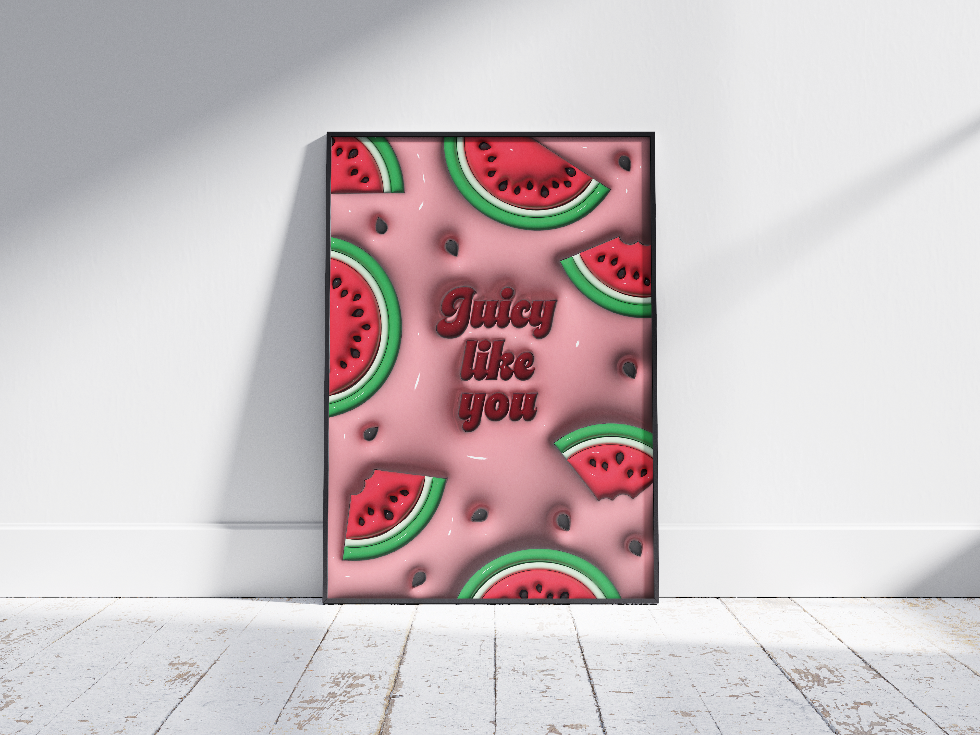 Vibrant 3D pop art poster with a bitten watermelon slice and "Juicy" text. Pink background with seeds. Perfect wall art for modern spaces.