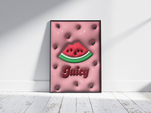 Vibrant 3D watermelon pop art poster featuring a bitten slice and "Juicy" text on a pink background with prominent seeds, printed on semi-gloss sustainable paper. Perfect wall art for modern kitchens, lively living spaces, or any interior desiring a colorful and fun aesthetic.