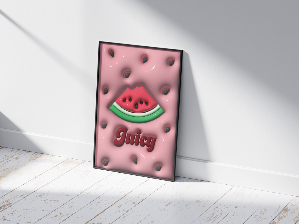 Vibrant 3D watermelon pop art poster featuring a bitten slice and "Juicy" text on a pink background with prominent seeds, printed on semi-gloss sustainable paper. Perfect wall art for modern kitchens, lively living spaces, or any interior desiring a colorful and fun aesthetic.