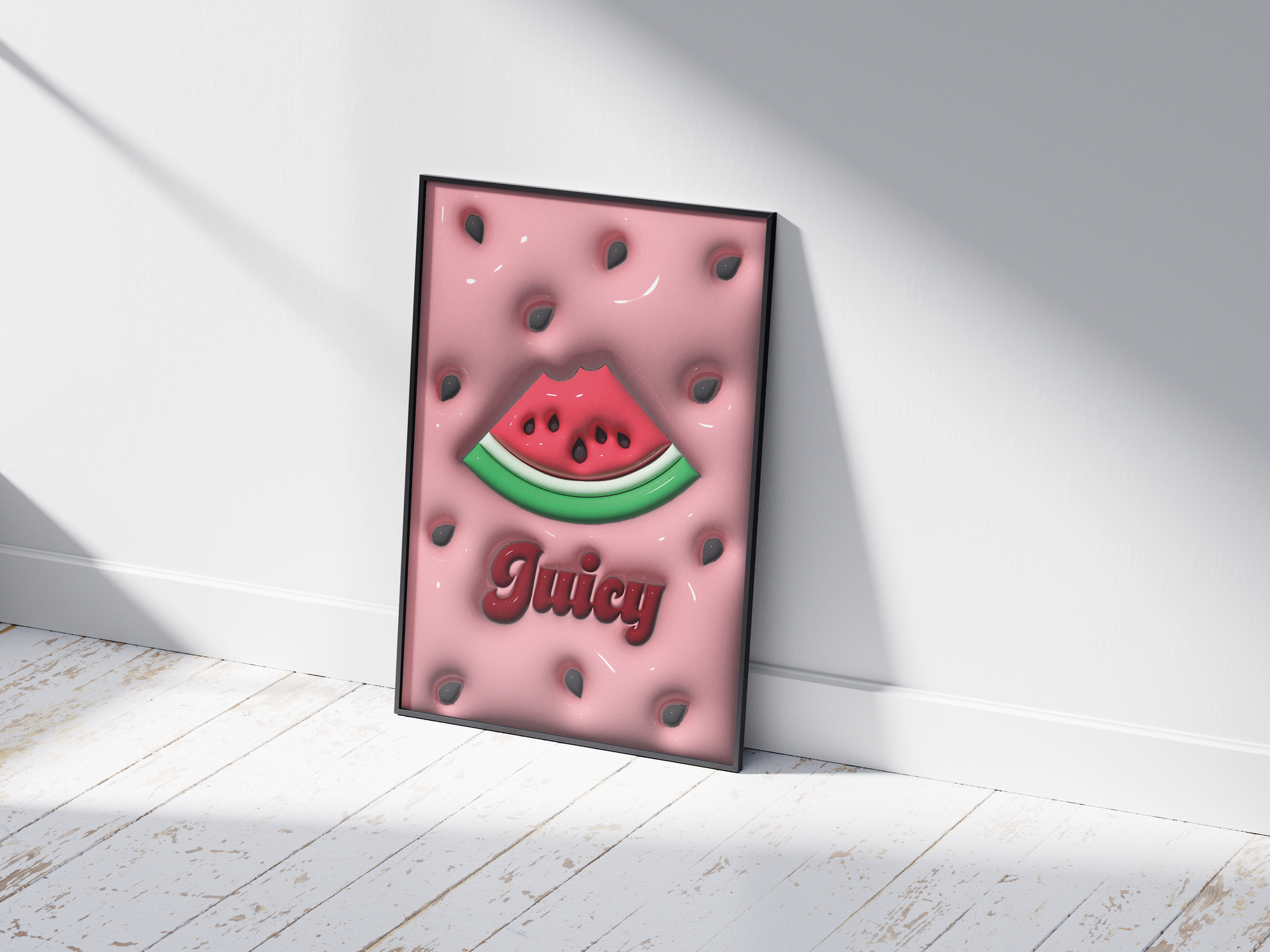 Vibrant 3D watermelon pop art poster featuring a bitten slice and "Juicy" text on a pink background with prominent seeds, printed on semi-gloss sustainable paper. Perfect wall art for modern kitchens, lively living spaces, or any interior desiring a colorful and fun aesthetic.