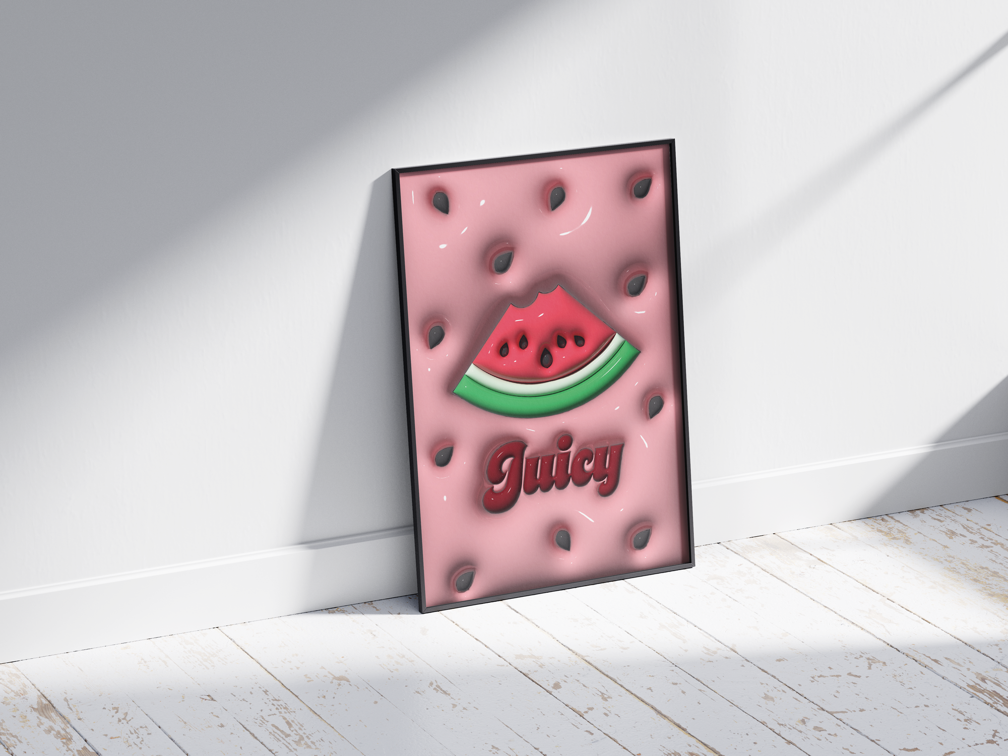 Vibrant 3D watermelon pop art poster featuring a bitten slice and "Juicy" text on a pink background with prominent seeds, printed on semi-gloss sustainable paper. Perfect wall art for modern kitchens, lively living spaces, or any interior desiring a colorful and fun aesthetic.
