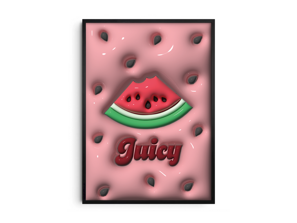 Vibrant 3D watermelon pop art poster featuring a bitten slice and "Juicy" text on a pink background with prominent seeds, printed on semi-gloss sustainable paper. Perfect wall art for modern kitchens, lively living spaces, or any interior desiring a colorful and fun aesthetic.