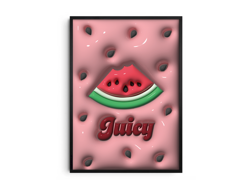 Vibrant 3D watermelon pop art poster featuring a bitten slice and "Juicy" text on a pink background with prominent seeds, printed on semi-gloss sustainable paper. Perfect wall art for modern kitchens, lively living spaces, or any interior desiring a colorful and fun aesthetic.