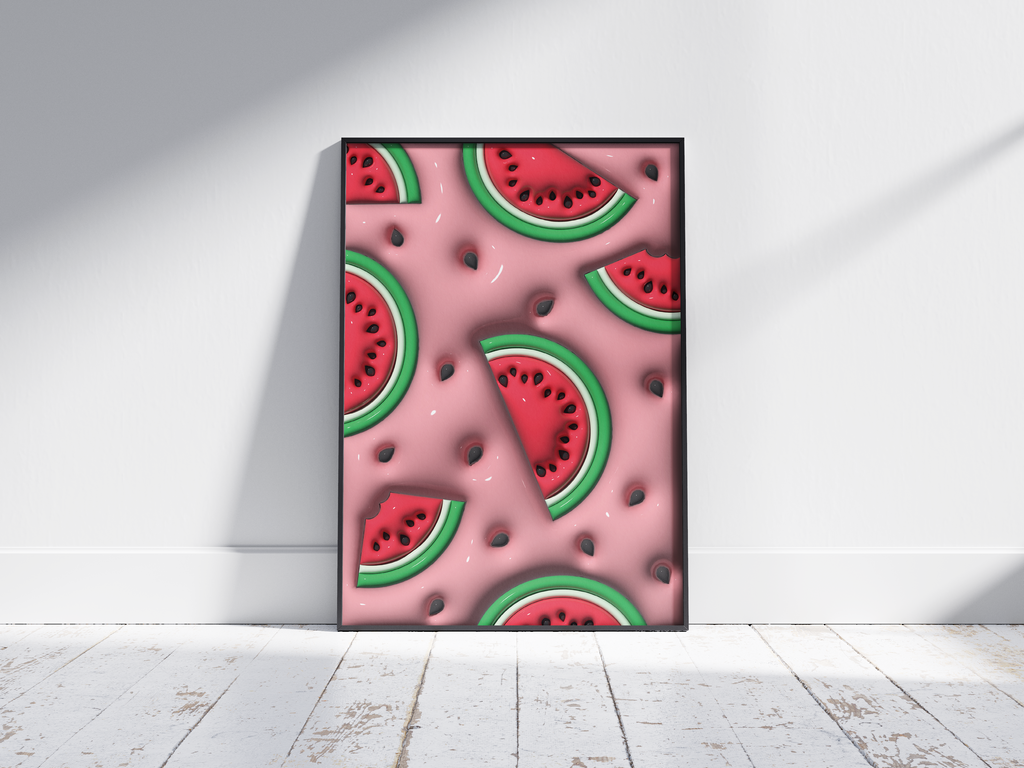 Vibrant 3D watermelon slice pop art poster on a pink background, featuring scattered seeds and a dynamic design, printed on semi-gloss sustainable paper. Perfect wall art for modern kitchens, lively living spaces, or any interior desiring a colorful and fun aesthetic.