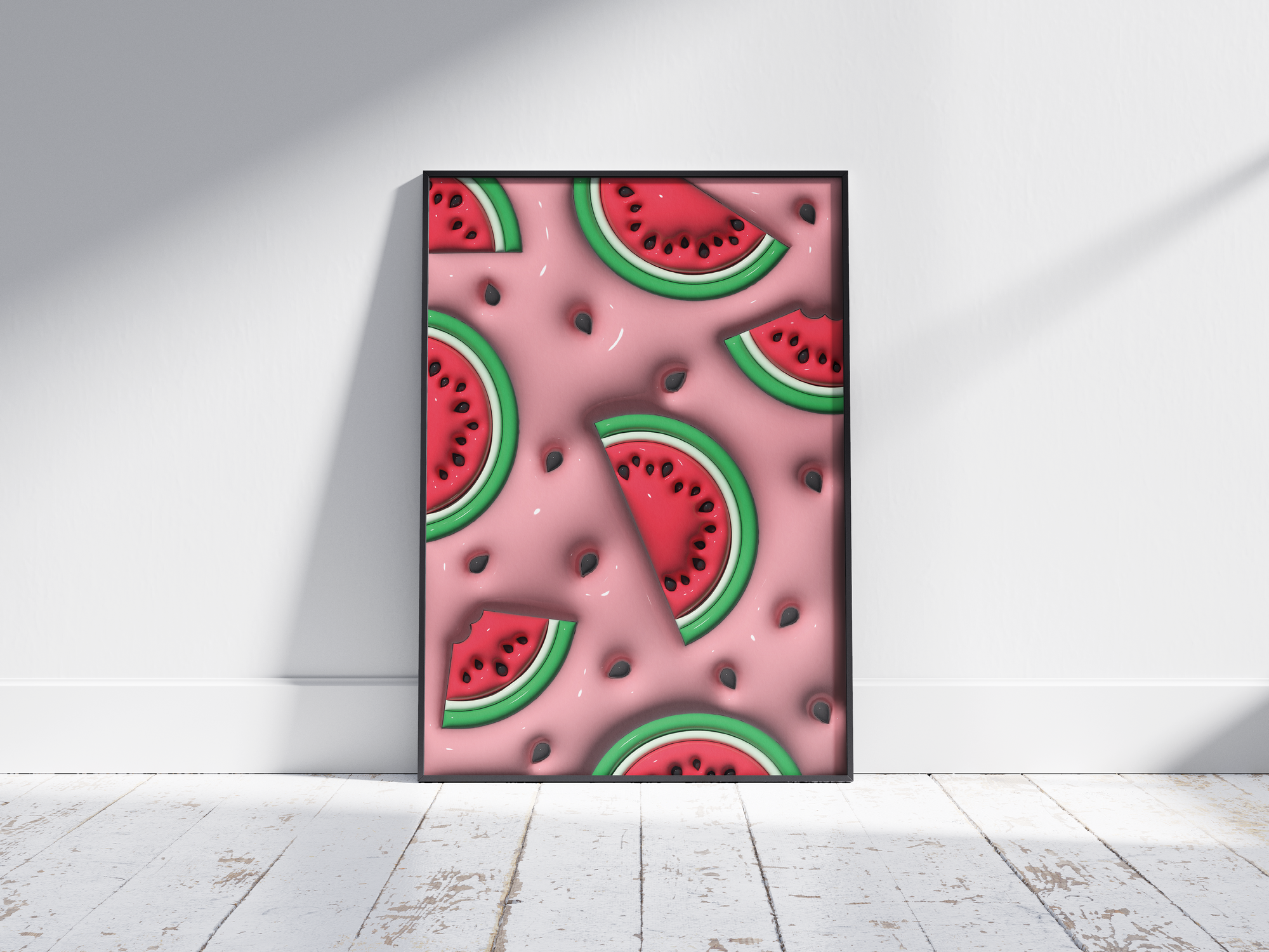 Vibrant 3D watermelon slice pop art poster on a pink background, featuring scattered seeds and a dynamic design, printed on semi-gloss sustainable paper. Perfect wall art for modern kitchens, lively living spaces, or any interior desiring a colorful and fun aesthetic.