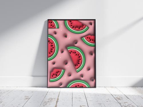 Vibrant 3D watermelon slice pop art poster on a pink background, featuring scattered seeds and a dynamic design, printed on semi-gloss sustainable paper. Perfect wall art for modern kitchens, lively living spaces, or any interior desiring a colorful and fun aesthetic.