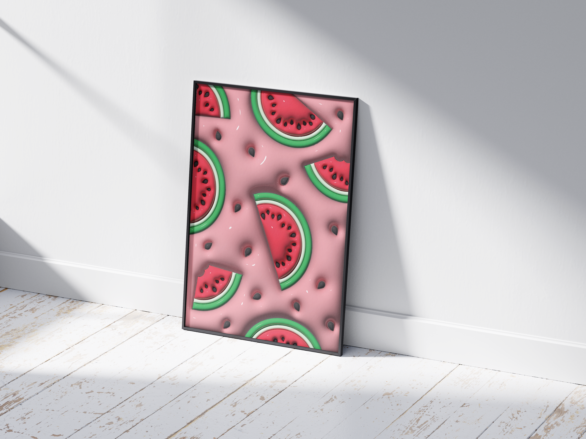 Vibrant 3D watermelon slice pop art poster on a pink background, featuring scattered seeds and a dynamic design, printed on semi-gloss sustainable paper. Perfect wall art for modern kitchens, lively living spaces, or any interior desiring a colorful and fun aesthetic.