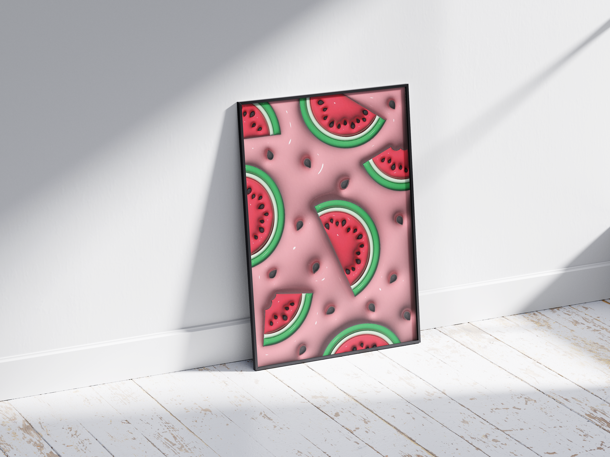 Vibrant 3D watermelon slice pop art poster on a pink background, featuring scattered seeds and a dynamic design, printed on semi-gloss sustainable paper. Perfect wall art for modern kitchens, lively living spaces, or any interior desiring a colorful and fun aesthetic.