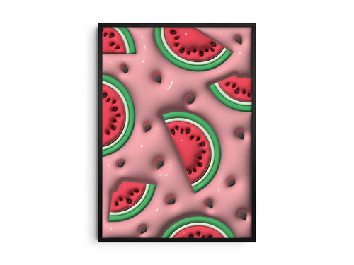 Vibrant 3D watermelon slice pop art poster on a pink background, featuring scattered seeds and a dynamic design, printed on semi-gloss sustainable paper. Perfect wall art for modern kitchens, lively living spaces, or any interior desiring a colorful and fun aesthetic.
