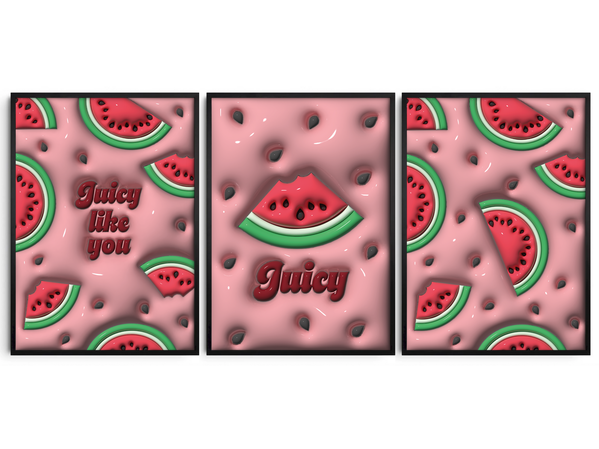 Vibrant 3D watermelon slice pop art poster with "Juicy Like You" text on a pink background, featuring scattered seeds and a dynamic design, printed on semi-gloss sustainable paper. Perfect wall art for modern kitchens, lively living spaces, or any interior desiring a colorful and fun aesthetic.