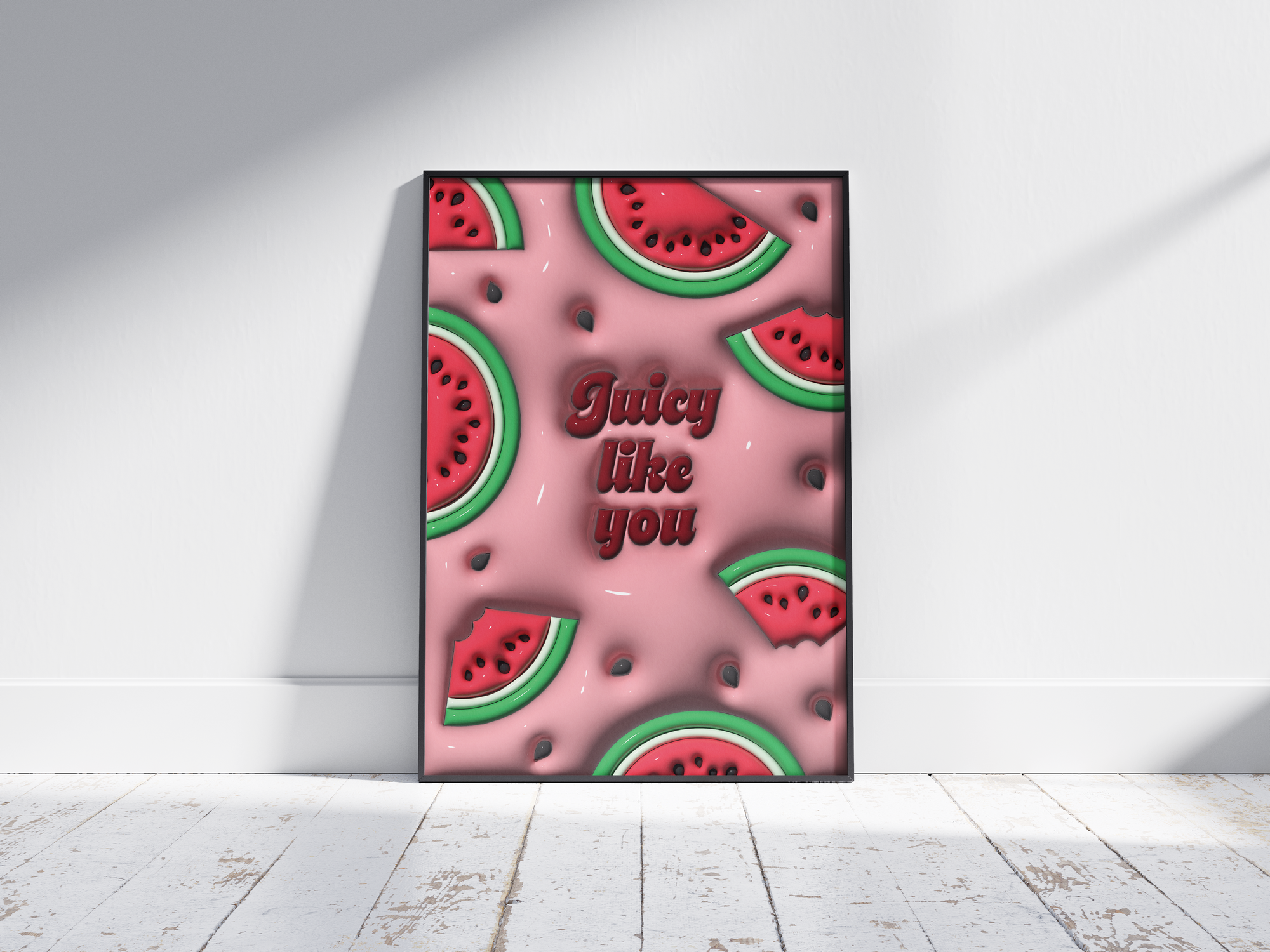 Vibrant 3D watermelon slice pop art poster with "Juicy Like You" text on a pink background, featuring scattered seeds and a dynamic design, printed on semi-gloss sustainable paper. Perfect wall art for modern kitchens, lively living spaces, or any interior desiring a colorful and fun aesthetic.