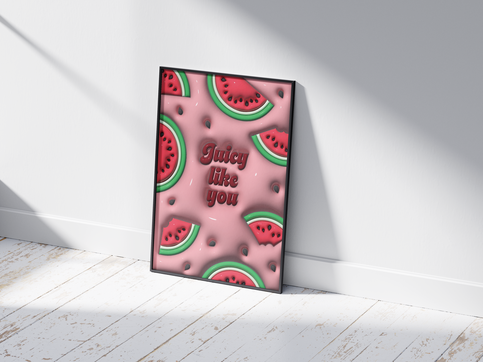Vibrant 3D watermelon slice pop art poster with "Juicy Like You" text on a pink background, featuring scattered seeds and a dynamic design, printed on semi-gloss sustainable paper. Perfect wall art for modern kitchens, lively living spaces, or any interior desiring a colorful and fun aesthetic.