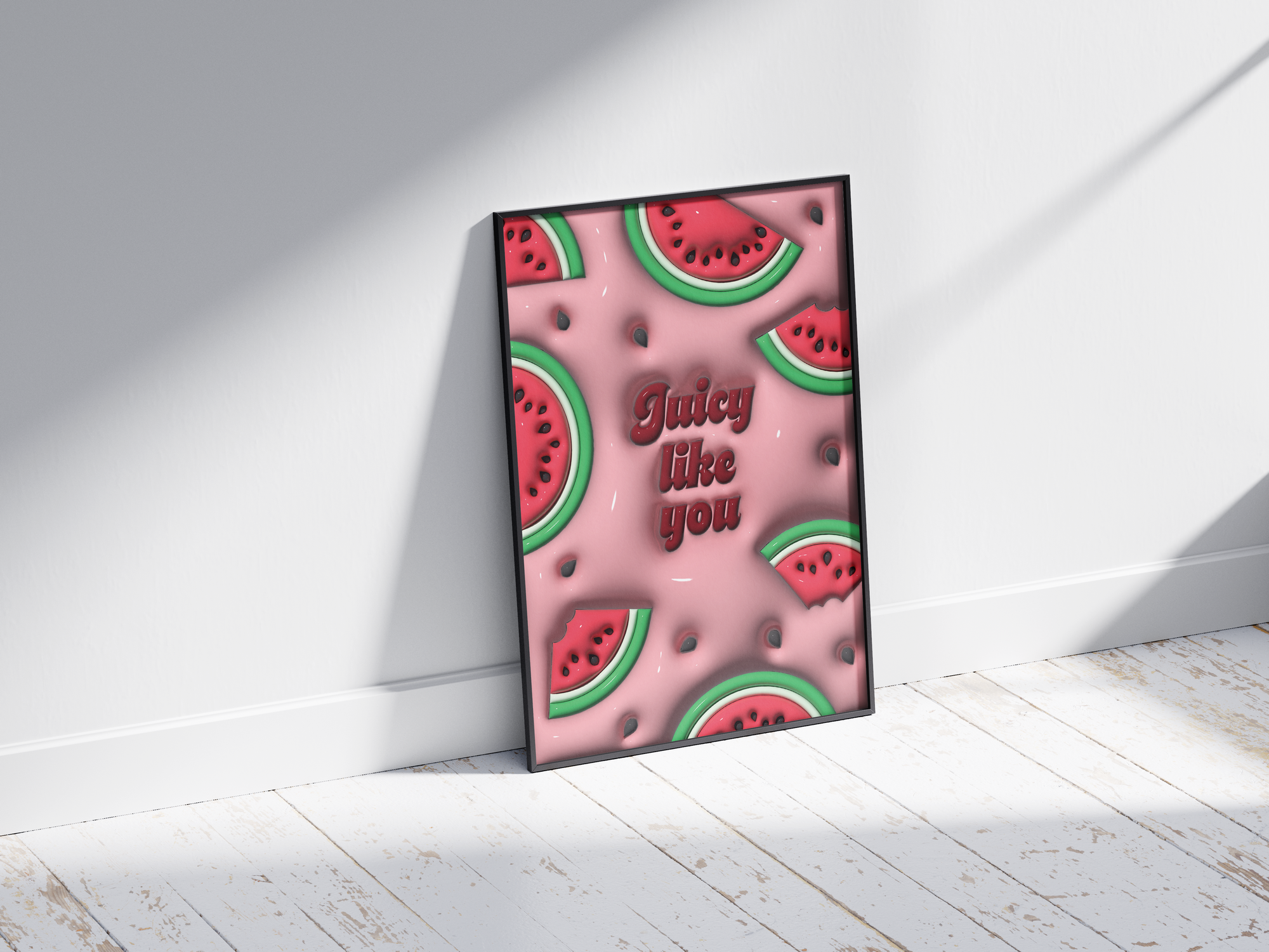 Vibrant 3D watermelon slice pop art poster with "Juicy Like You" text on a pink background, featuring scattered seeds and a dynamic design, printed on semi-gloss sustainable paper. Perfect wall art for modern kitchens, lively living spaces, or any interior desiring a colorful and fun aesthetic.