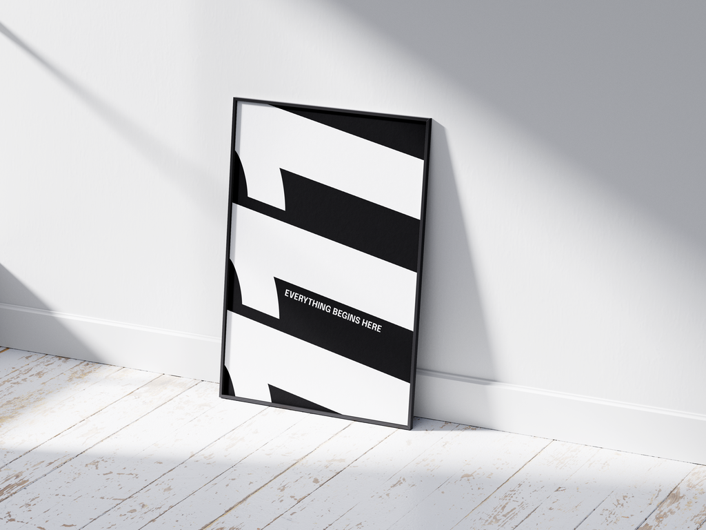 Minimalist black and white abstract poster featuring the repeated number 111 design, framed in black and leaning against a white wall with shadow. Inspiring modern wall art for a clean, contemporary home or office interior.