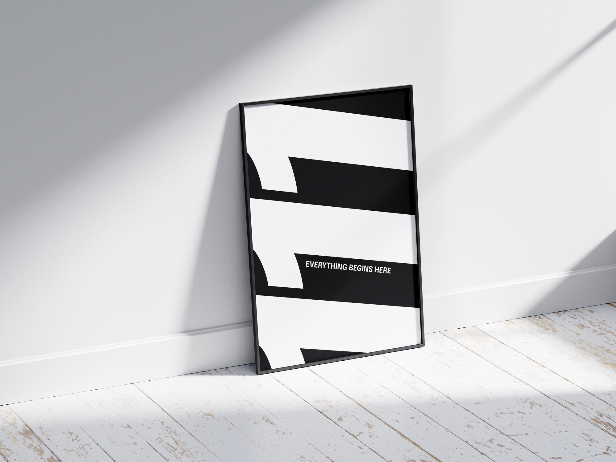 Minimalist black and white abstract poster featuring the repeated number 111 design, framed in black and leaning against a white wall with shadow. Inspiring modern wall art for a clean, contemporary home or office interior.