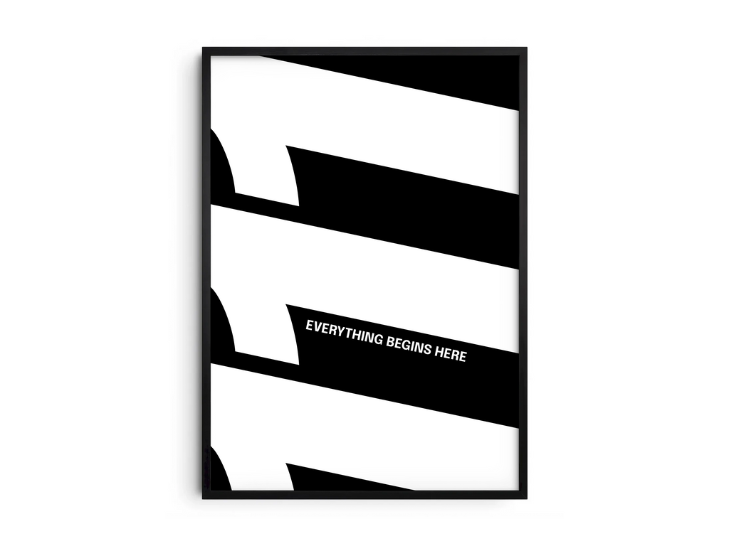 Minimalist black and white abstract poster featuring the repeated number 111 design, framed in black and leaning against a white wall with shadow. Inspiring modern wall art for a clean, contemporary home or office interior.