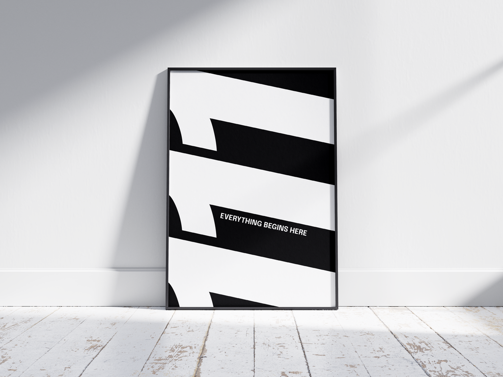 Minimalist black and white abstract poster featuring the repeated number 111 design, framed in black and leaning against a white wall with shadow. Inspiring modern wall art for a clean, contemporary home or office interior.