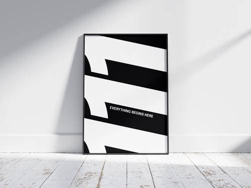 Minimalist black and white abstract poster featuring the repeated number 111 design, framed in black and leaning against a white wall with shadow. Inspiring modern wall art for a clean, contemporary home or office interior.