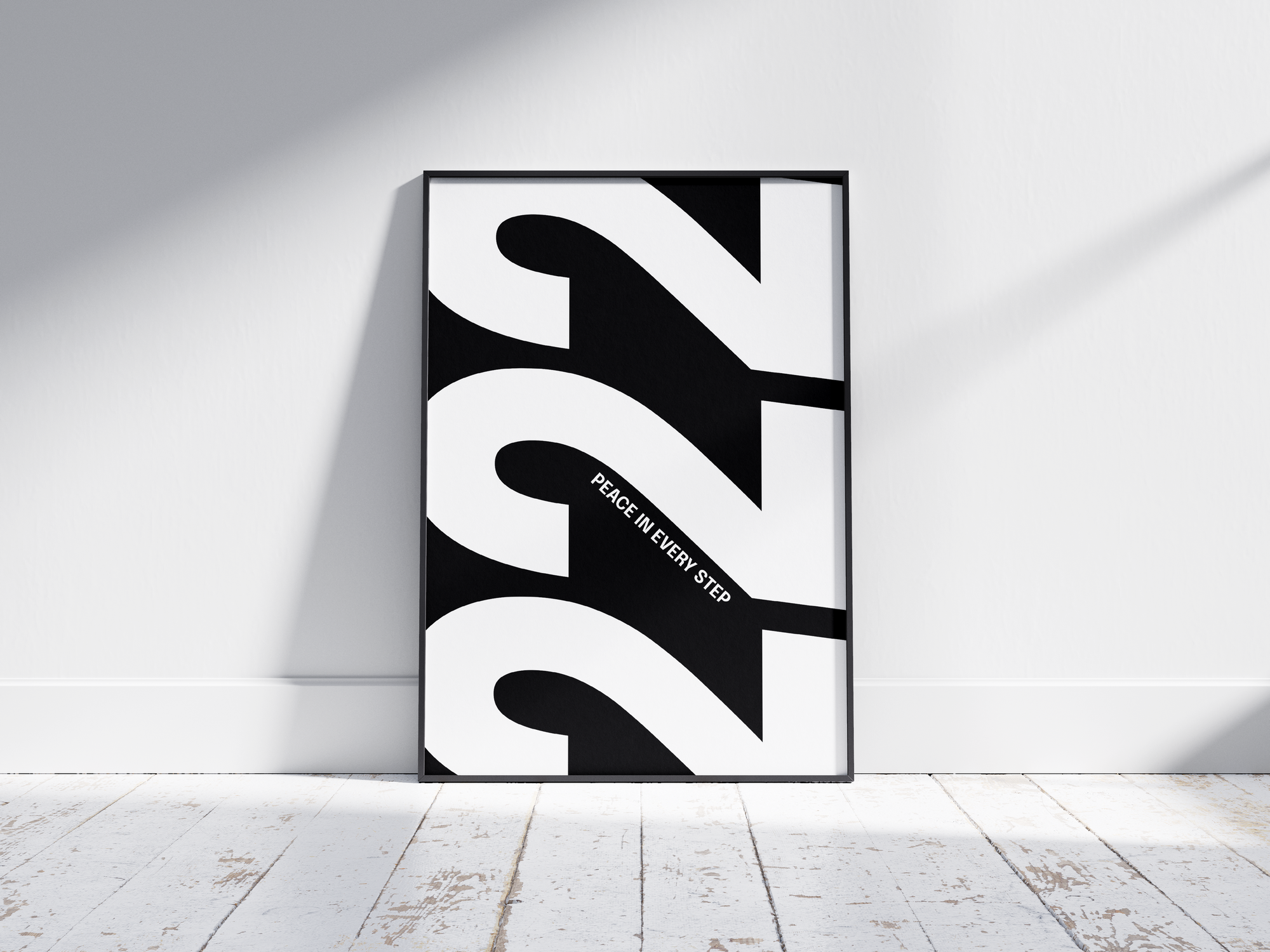 Minimalist black and white abstract poster featuring the repeated number 222 design and the quote "Peace in every step," framed and leaning against a white wall. Inspiring modern wall art for a peaceful, contemporary home or office interior.