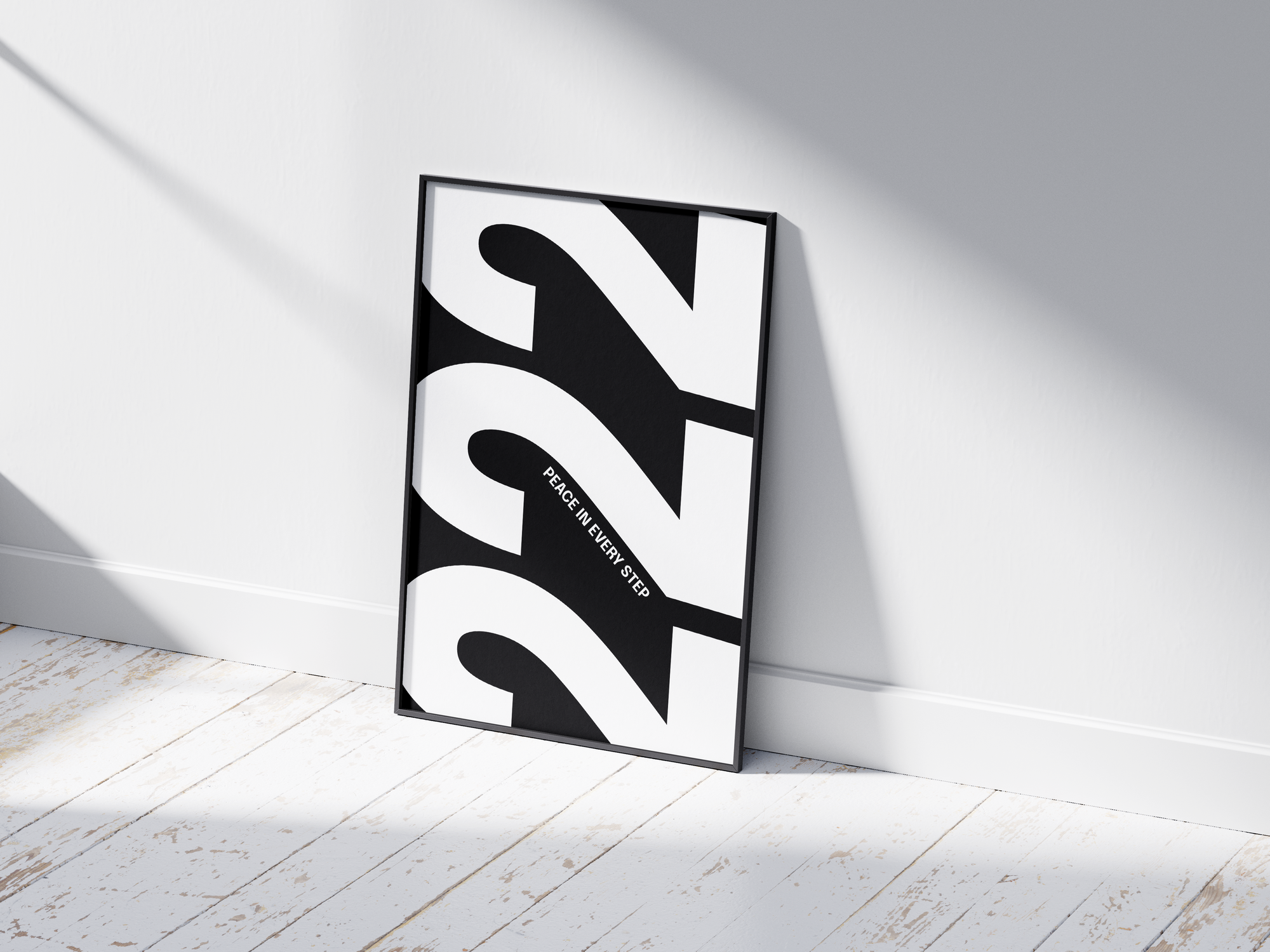 Minimalist black and white abstract poster featuring the repeated number 222 design and the quote "Peace in every step," framed and leaning against a white wall. Inspiring modern wall art for a peaceful, contemporary home or office interior.