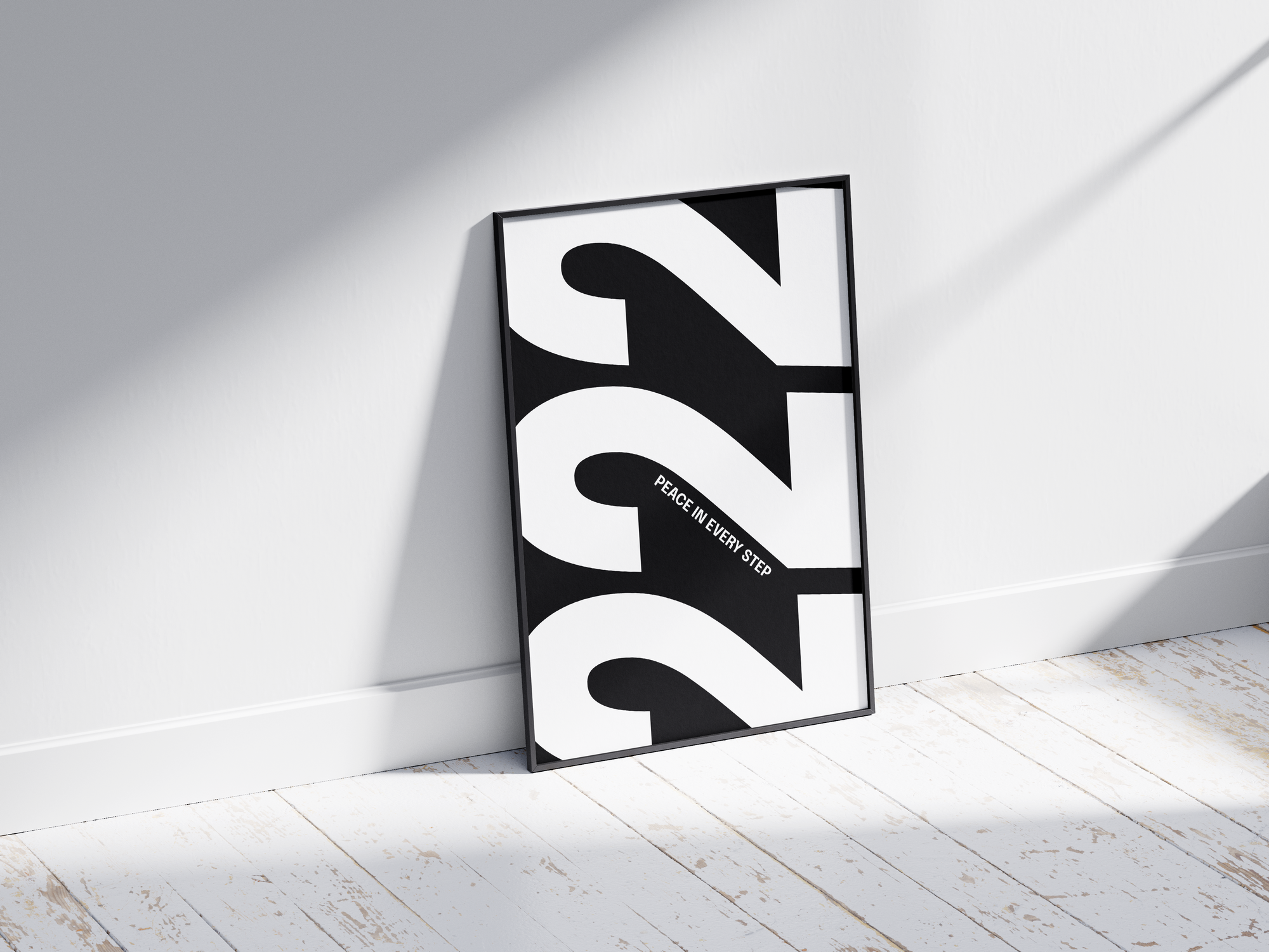 Minimalist black and white abstract poster featuring the repeated number 222 design and the quote "Peace in every step," framed and leaning against a white wall. Inspiring modern wall art for a peaceful, contemporary home or office interior.