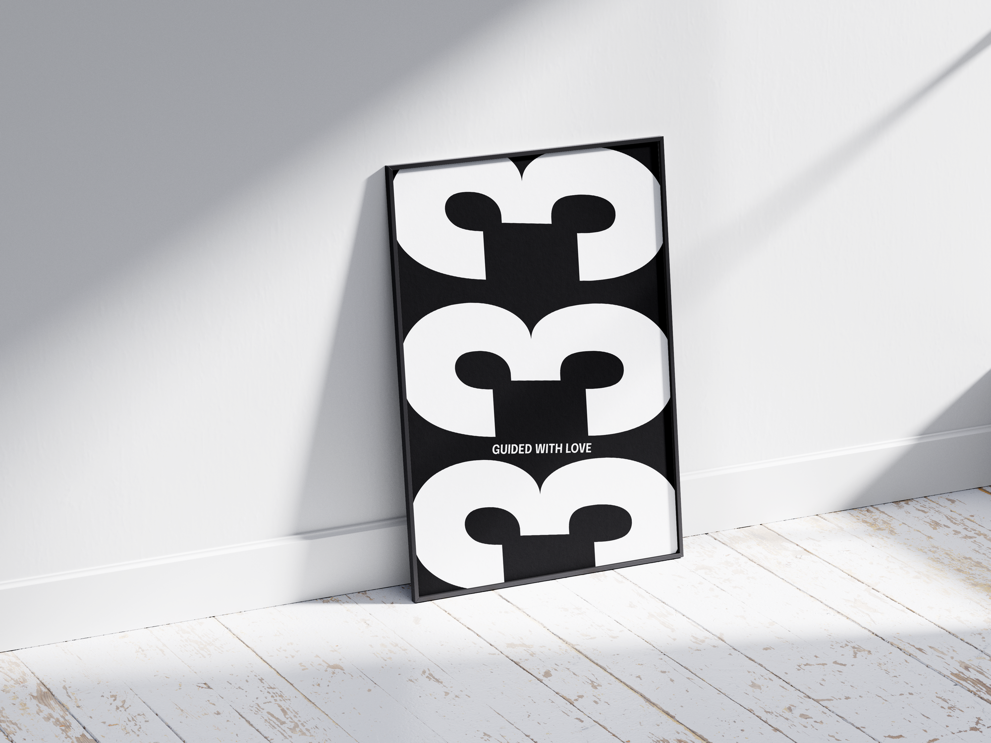 Minimalist black and white abstract poster featuring the repeated number 333 design and the quote "Guided with love," framed and leaning against a white wall. Inspiring modern wall art for a creative, contemporary home or office interior.