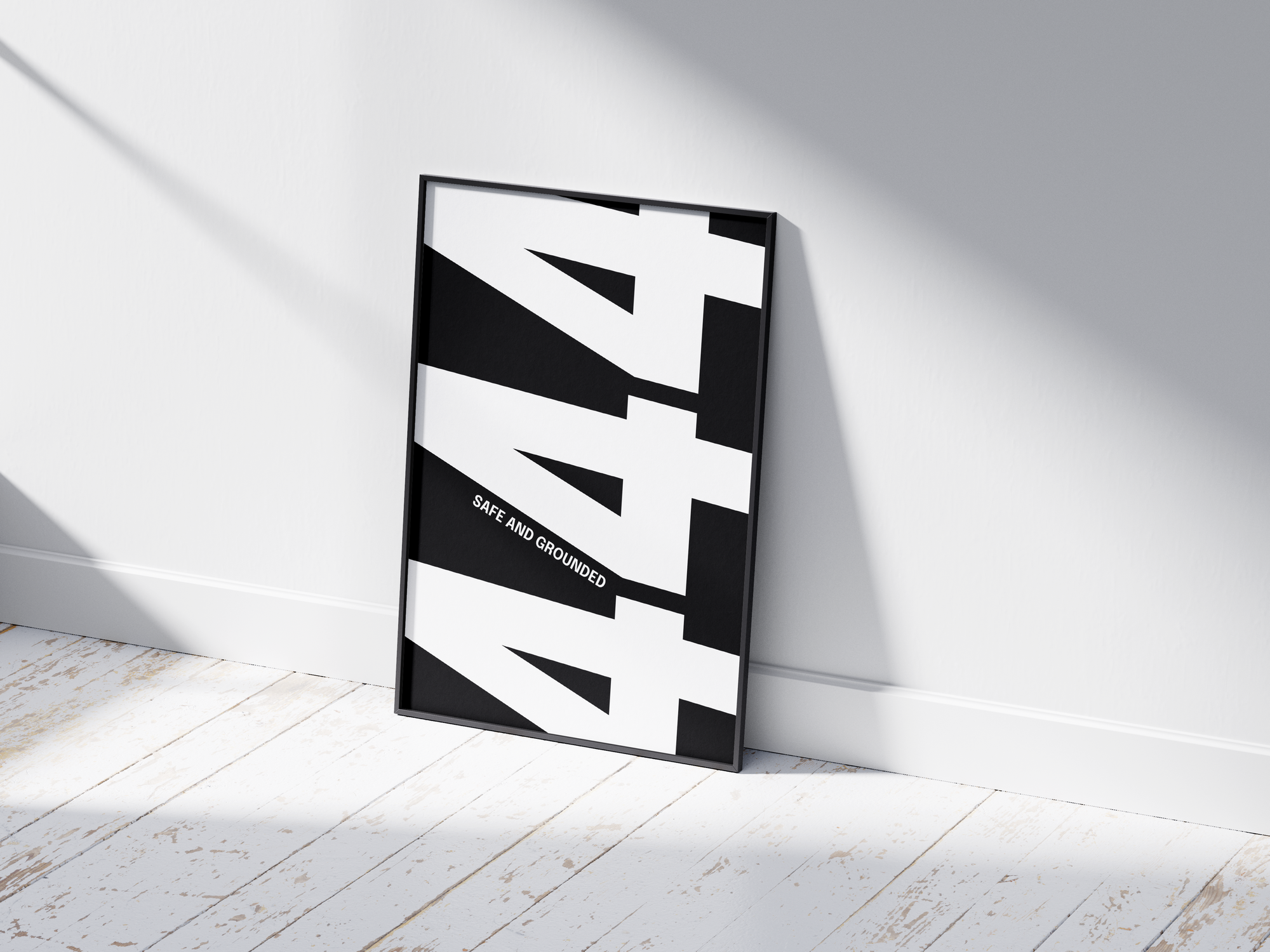 Minimalist black and white abstract poster featuring the repeated number 444 design and the quote "Safe and grounded," framed and leaning against a white wall. Inspiring modern wall art for a secure, contemporary home or office interior.