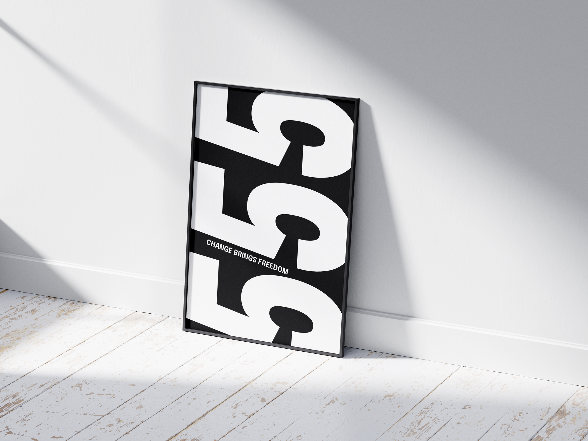 Minimalist black and white abstract poster featuring the repeated number 555 design and the quote "Change brings freedom," framed and leaning against a white wall. Inspiring modern wall art for a transitional, contemporary home or office interior.