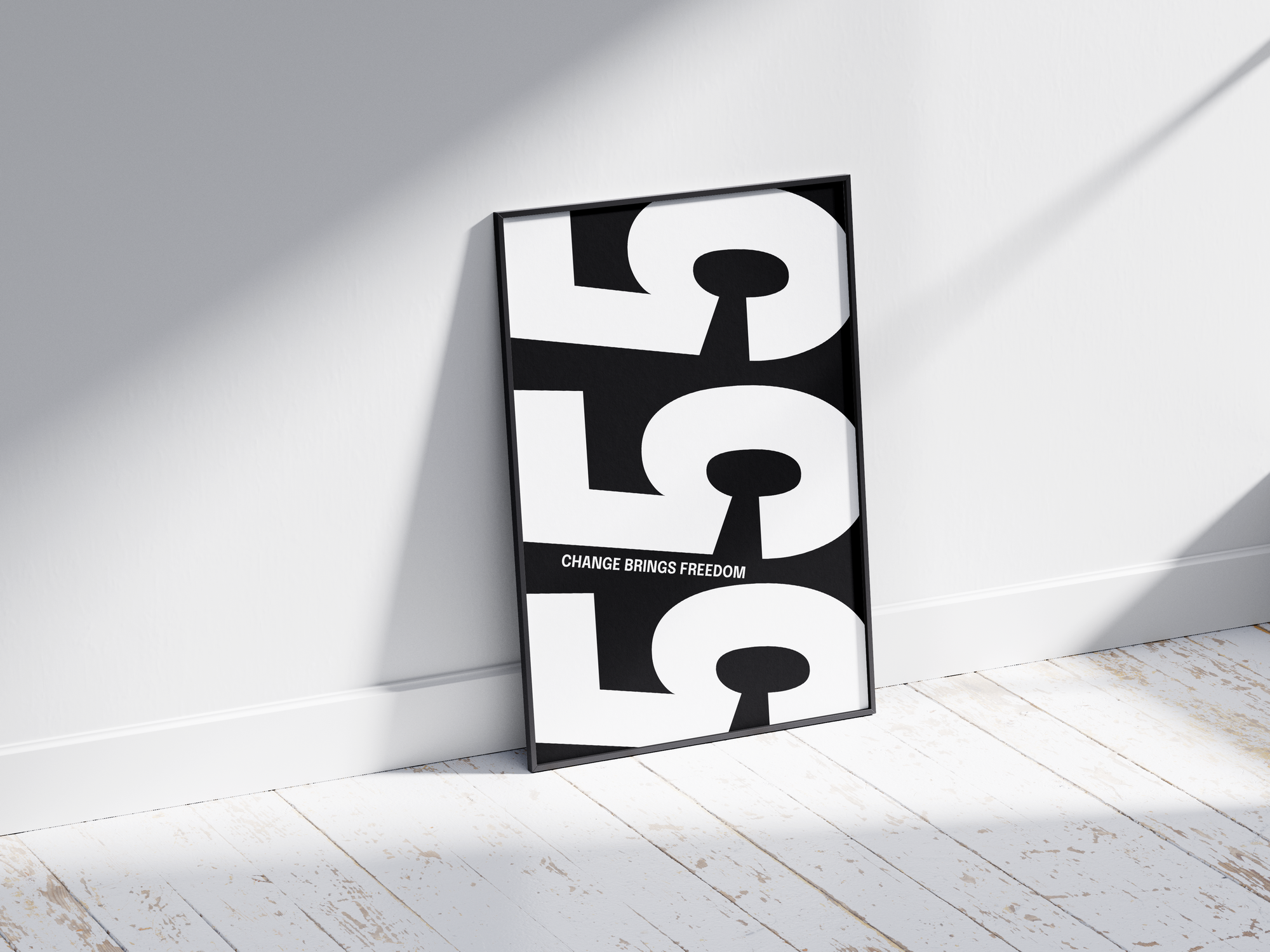Minimalist black and white abstract poster featuring the repeated number 555 design and the quote "Change brings freedom," framed and leaning against a white wall. Inspiring modern wall art for a transitional, contemporary home or office interior.