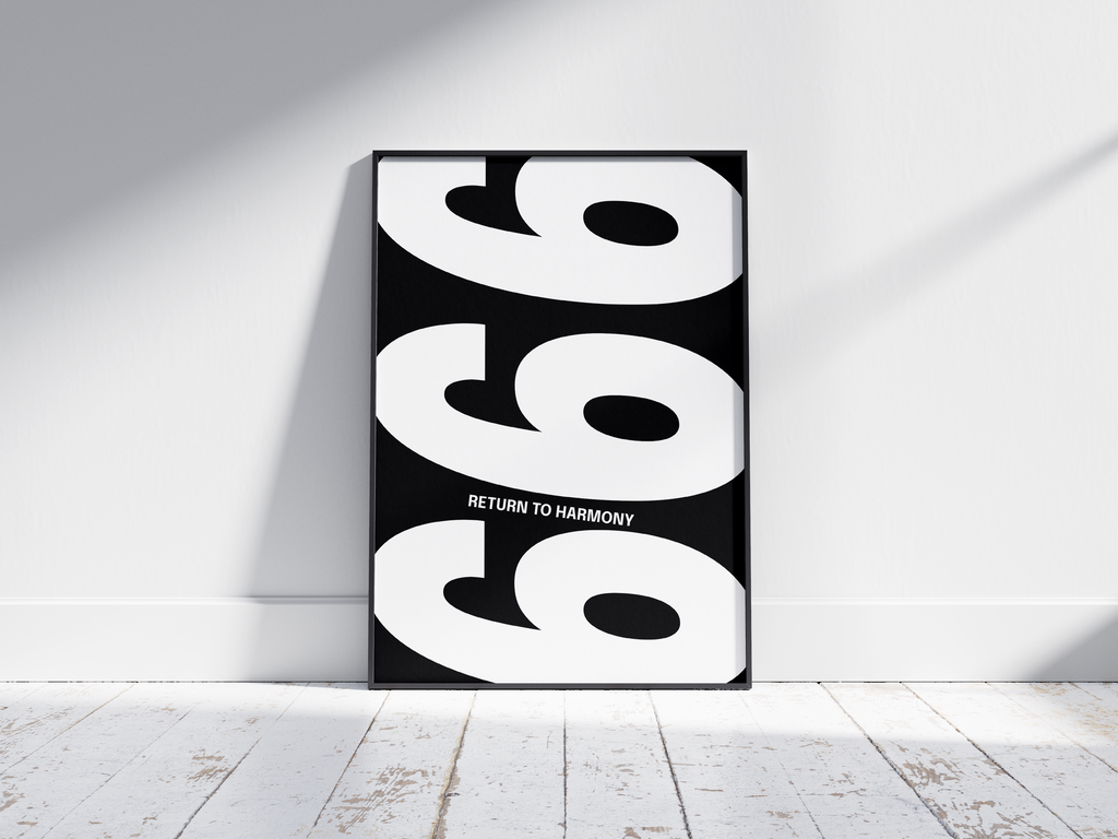 Minimalist black and white abstract poster featuring the repeated number 666 design and the quote "Return to harmony," framed and leaning against a white wall. Inspiring modern wall art for a balanced, contemporary home or office interior.