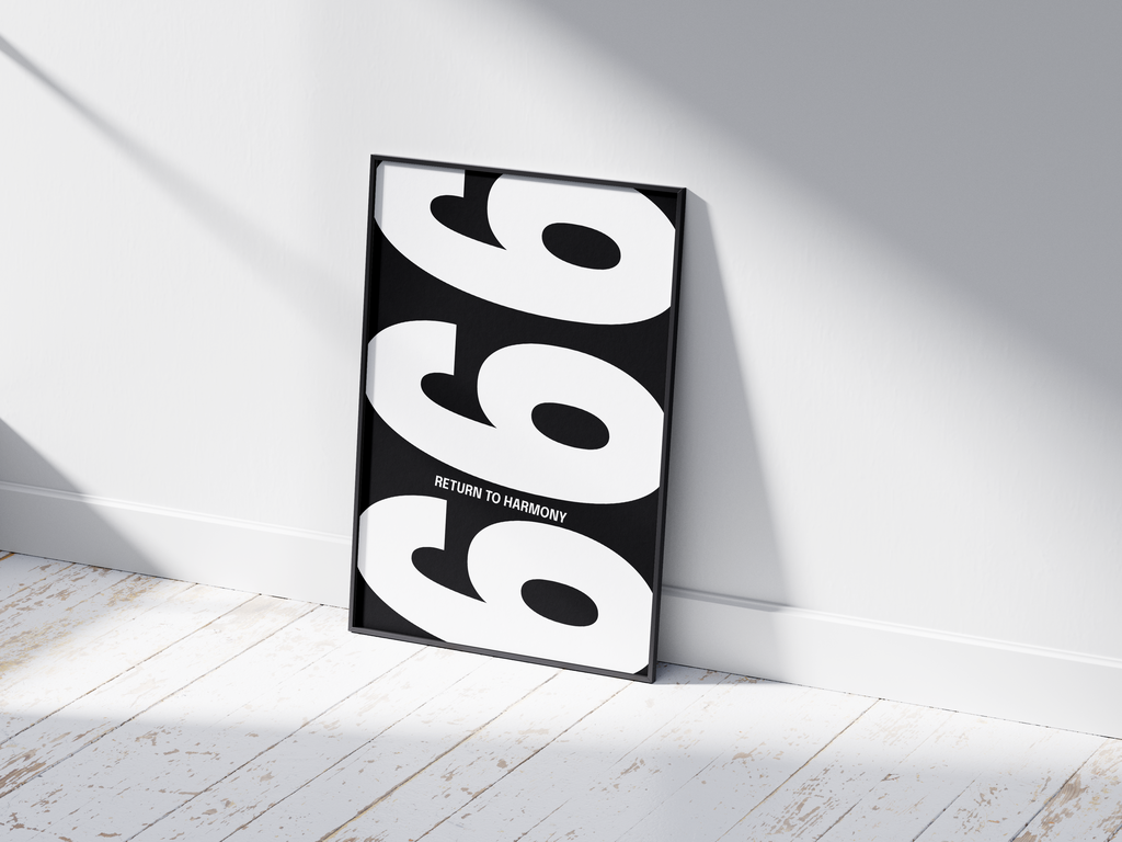 Minimalist black and white abstract poster featuring the repeated number 666 design and the quote "Return to harmony," framed and leaning against a white wall. Inspiring modern wall art for a balanced, contemporary home or office interior.