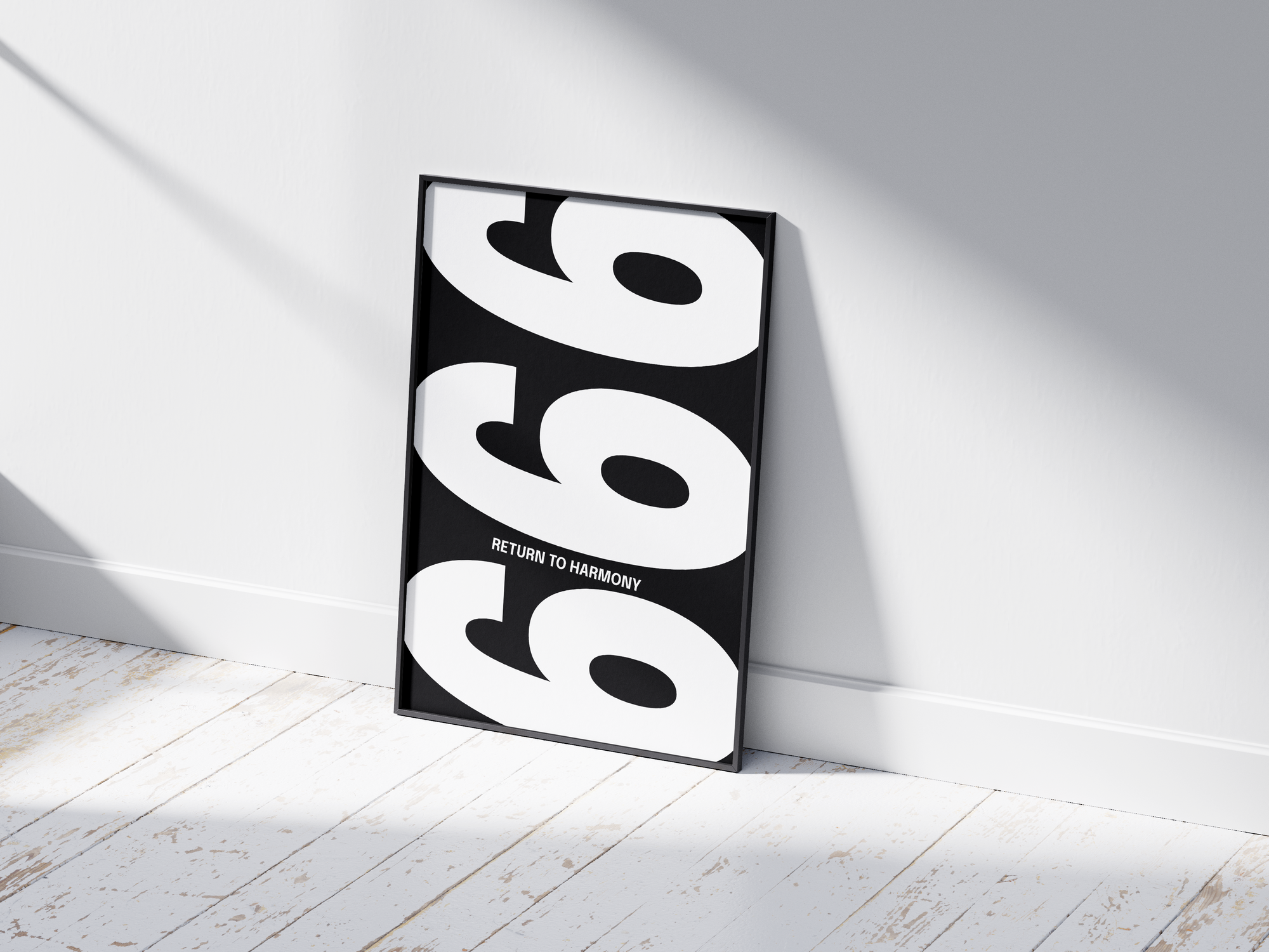 Minimalist black and white abstract poster featuring the repeated number 666 design and the quote "Return to harmony," framed and leaning against a white wall. Inspiring modern wall art for a balanced, contemporary home or office interior.