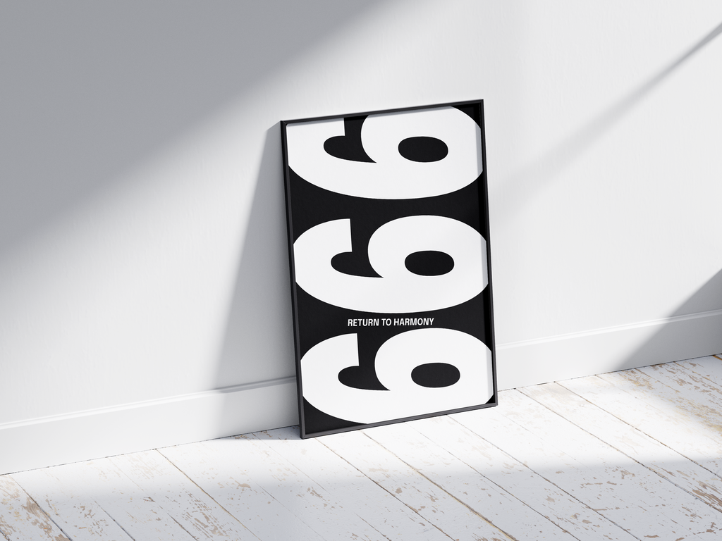 Minimalist black and white abstract poster featuring the repeated number 666 design and the quote "Return to harmony," framed and leaning against a white wall. Inspiring modern wall art for a balanced, contemporary home or office interior.