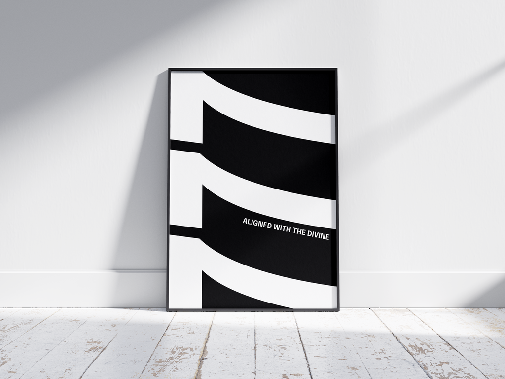 Minimalist black and white abstract poster featuring the repeated number 777 design and the quote "Aligned with the divine," framed and leaning against a white wall. Inspiring modern wall art for a spiritual, contemporary home or office interior.