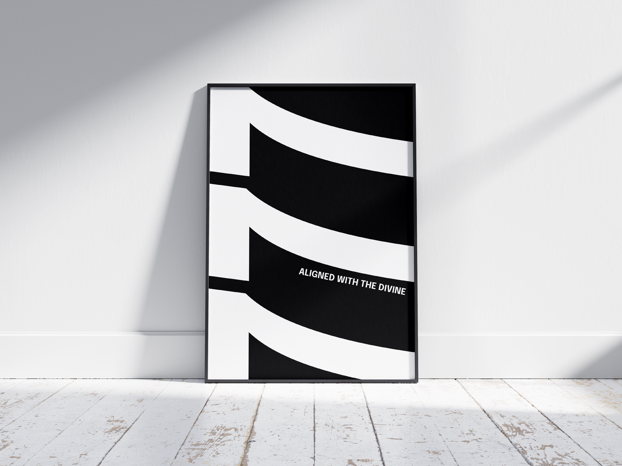 Minimalist black and white abstract poster featuring the repeated number 777 design and the quote "Aligned with the divine," framed and leaning against a white wall. Inspiring modern wall art for a spiritual, contemporary home or office interior.