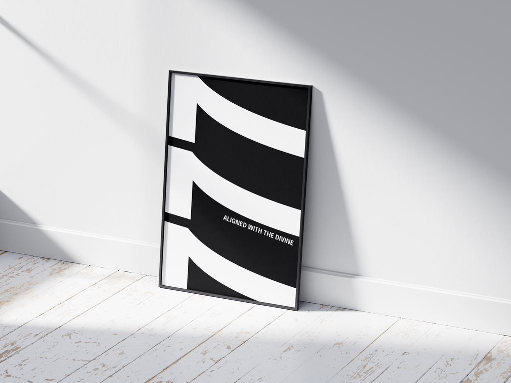 Minimalist black and white abstract poster featuring the repeated number 777 design and the quote "Aligned with the divine," framed and leaning against a white wall. Inspiring modern wall art for a spiritual, contemporary home or office interior.