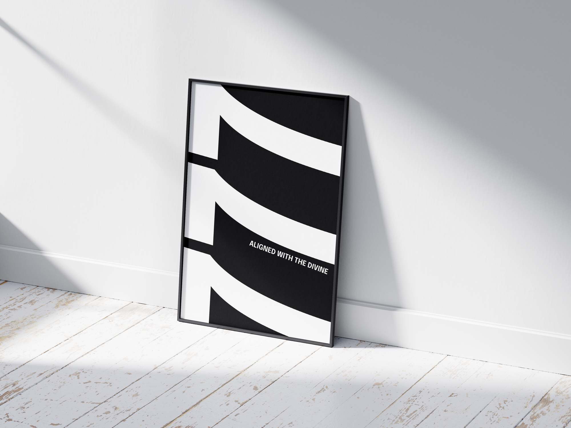 Minimalist black and white abstract poster featuring the repeated number 777 design and the quote "Aligned with the divine," framed and leaning against a white wall. Inspiring modern wall art for a spiritual, contemporary home or office interior.