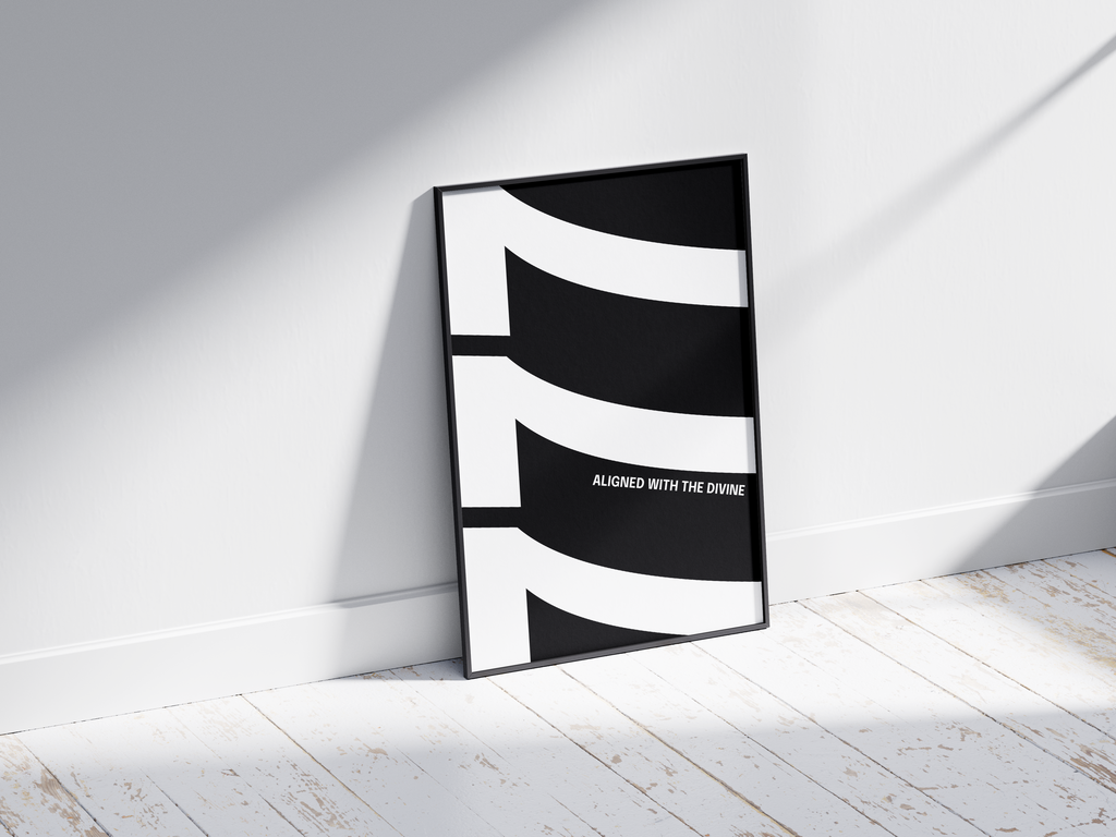 Minimalist black and white abstract poster featuring the repeated number 777 design and the quote "Aligned with the divine," framed and leaning against a white wall. Inspiring modern wall art for a spiritual, contemporary home or office interior.