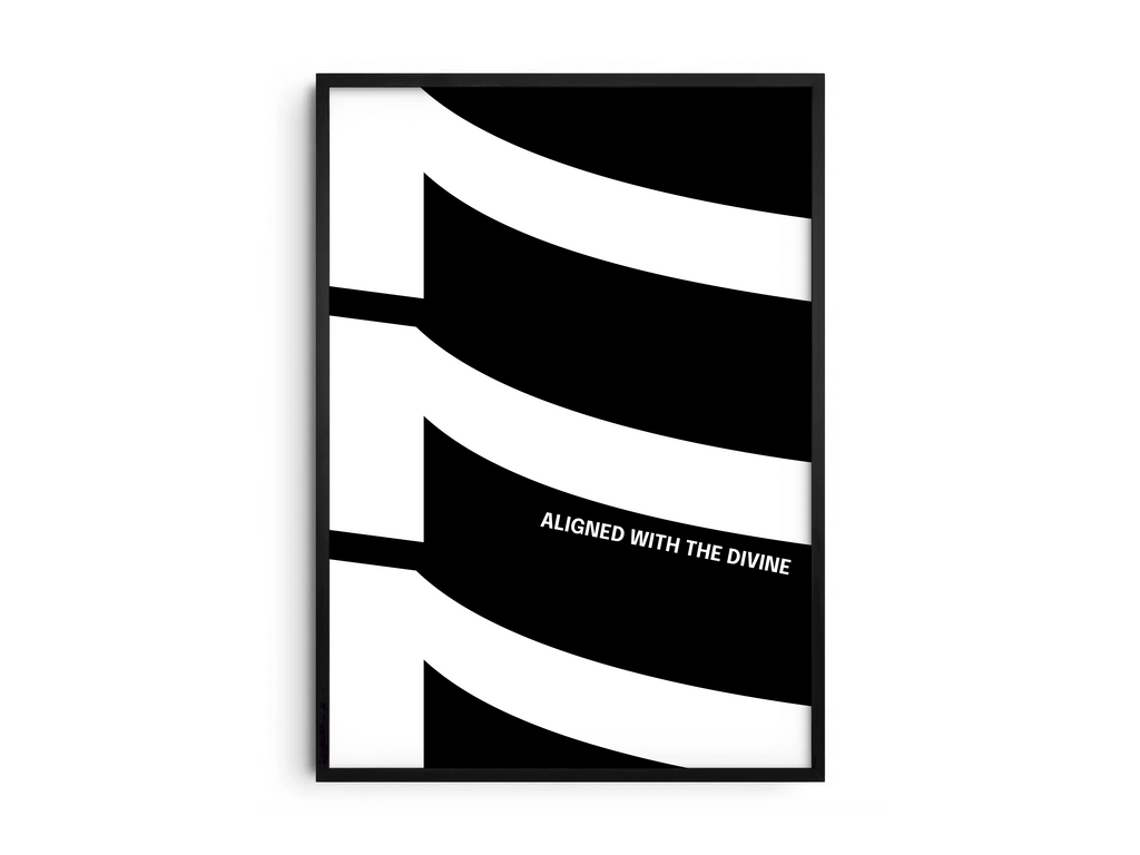 Minimalist black and white abstract poster featuring the repeated number 777 design and the quote "Aligned with the divine," framed and leaning against a white wall. Inspiring modern wall art for a spiritual, contemporary home or office interior.