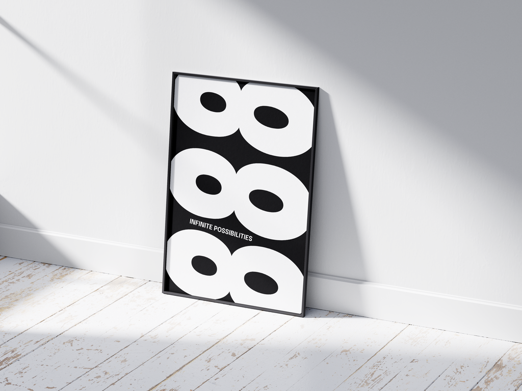 Minimalist black and white abstract poster featuring the repeated number 888 design and the quote "Infinite possibilities," framed and leaning against a white wall. Inspiring modern wall art for an abundant, contemporary home or office interior.
