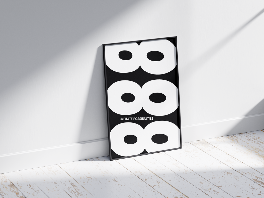 Minimalist black and white abstract poster featuring the repeated number 888 design and the quote "Infinite possibilities," framed and leaning against a white wall. Inspiring modern wall art for an abundant, contemporary home or office interior.