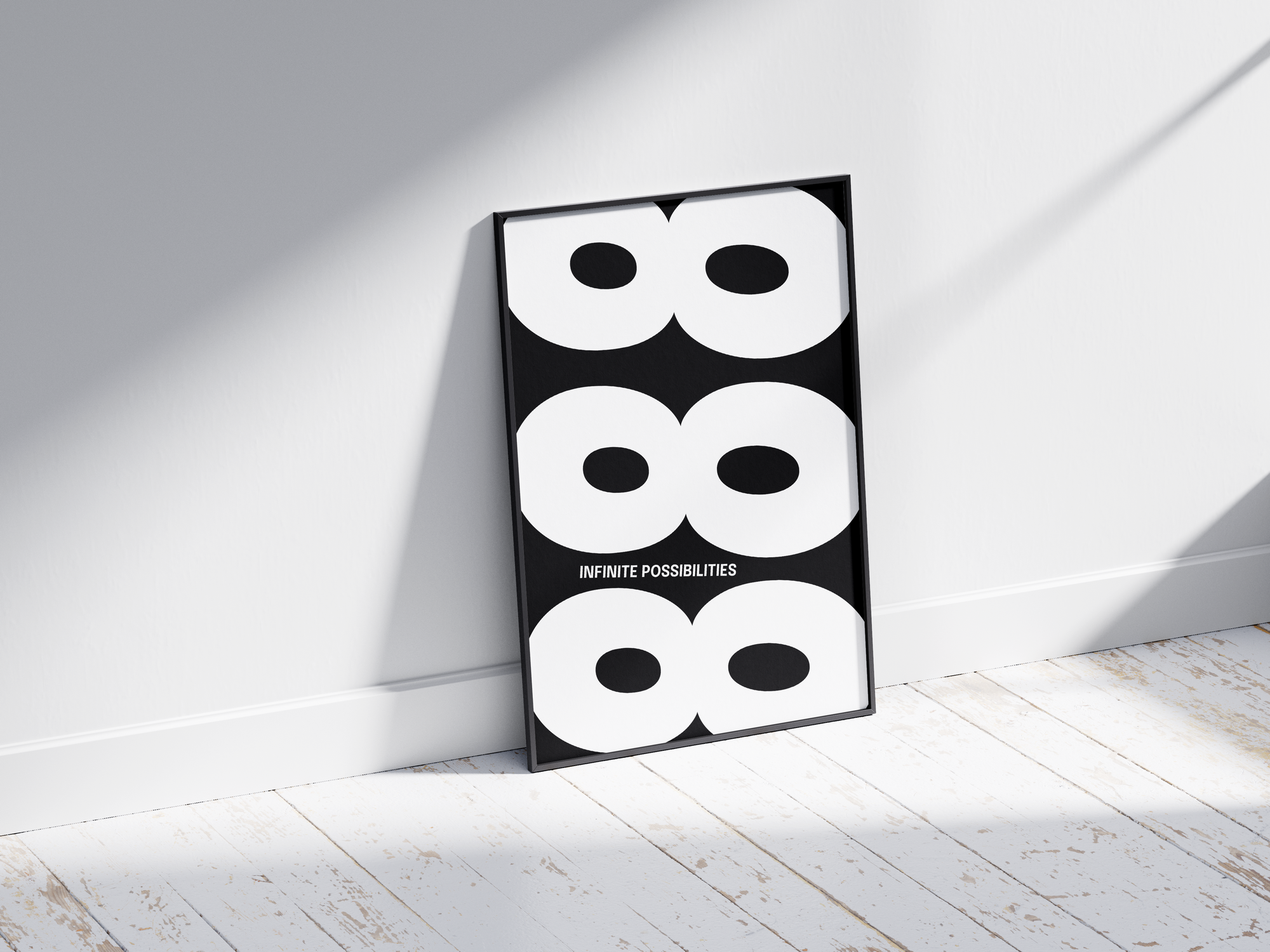 Minimalist black and white abstract poster featuring the repeated number 888 design and the quote "Infinite possibilities," framed and leaning against a white wall. Inspiring modern wall art for an abundant, contemporary home or office interior.