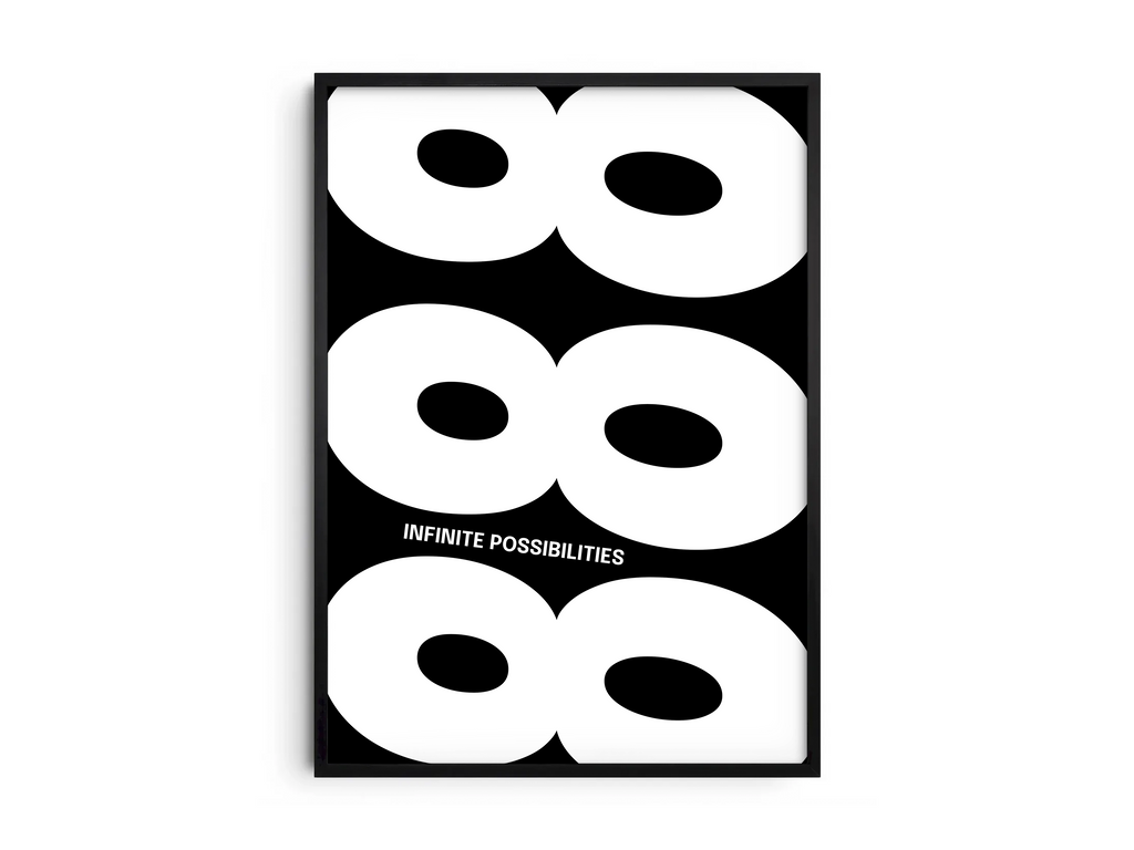 Minimalist black and white abstract poster featuring the repeated number 888 design and the quote "Infinite possibilities," framed and leaning against a white wall. Inspiring modern wall art for an abundant, contemporary home or office interior.