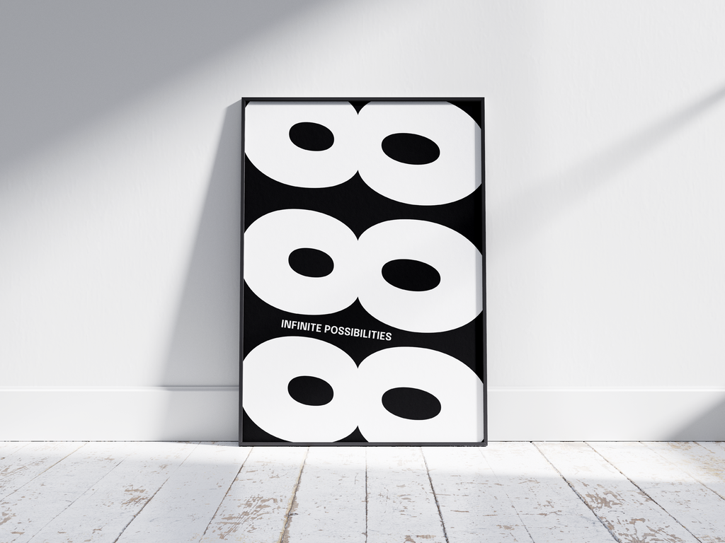 Minimalist black and white abstract poster featuring the repeated number 888 design and the quote "Infinite possibilities," framed and leaning against a white wall. Inspiring modern wall art for an abundant, contemporary home or office interior.