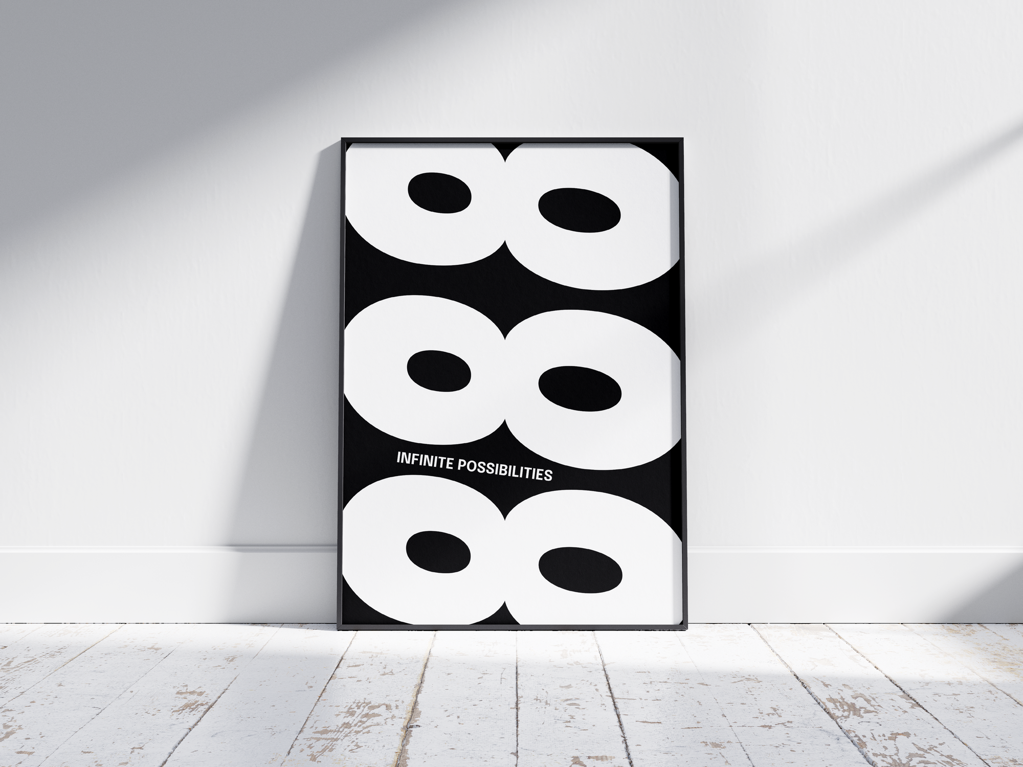 Minimalist black and white abstract poster featuring the repeated number 888 design and the quote "Infinite possibilities," framed and leaning against a white wall. Inspiring modern wall art for an abundant, contemporary home or office interior.